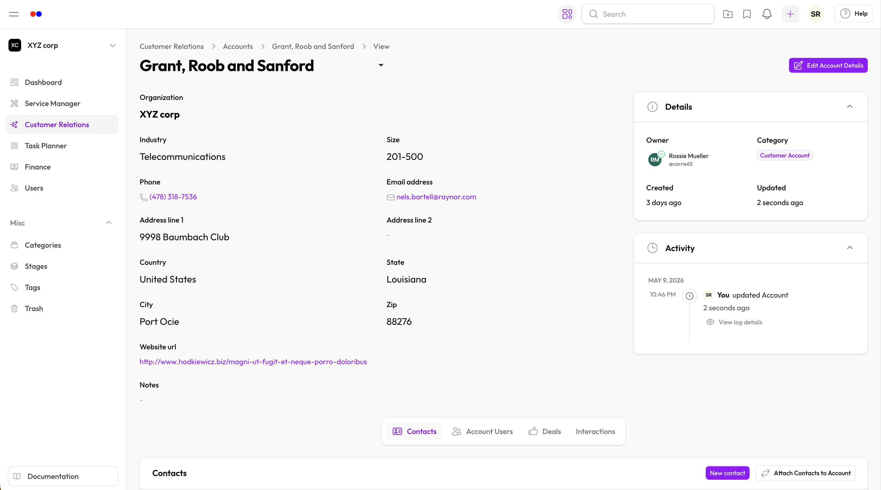 Account detail in Hollowpurple CRM