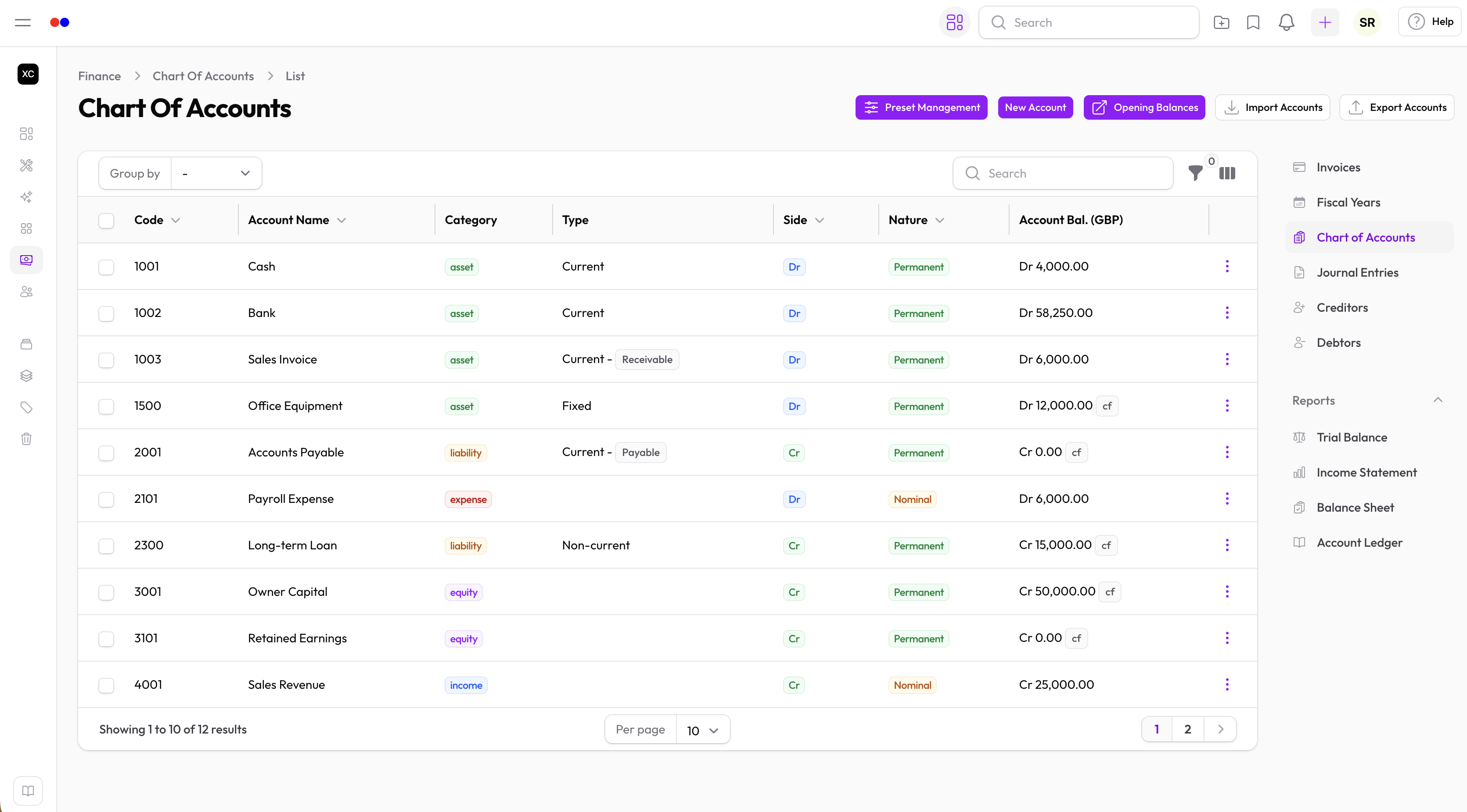 Chart of accounts in Hollowpurple Finance