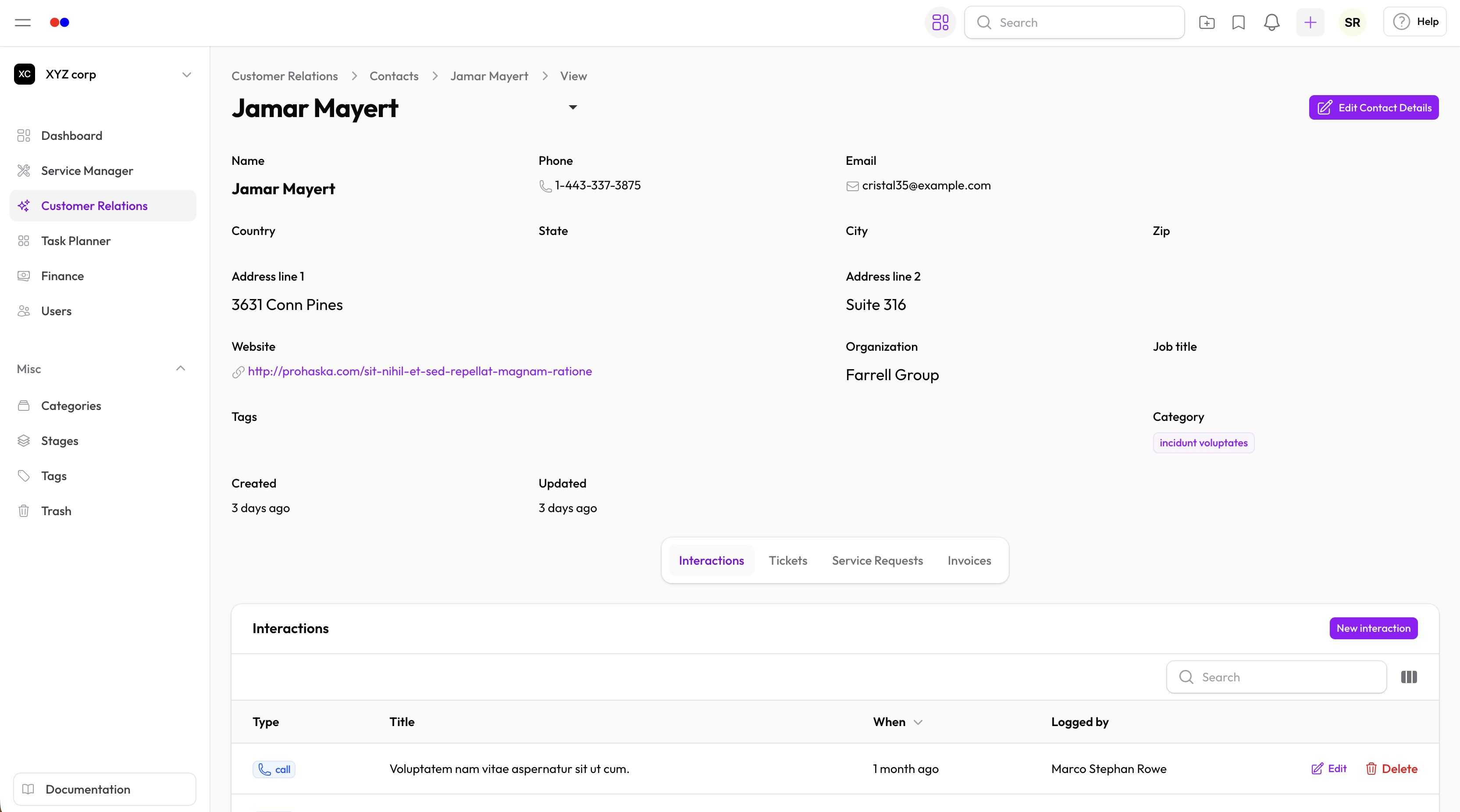 Contact detail in Hollowpurple CRM