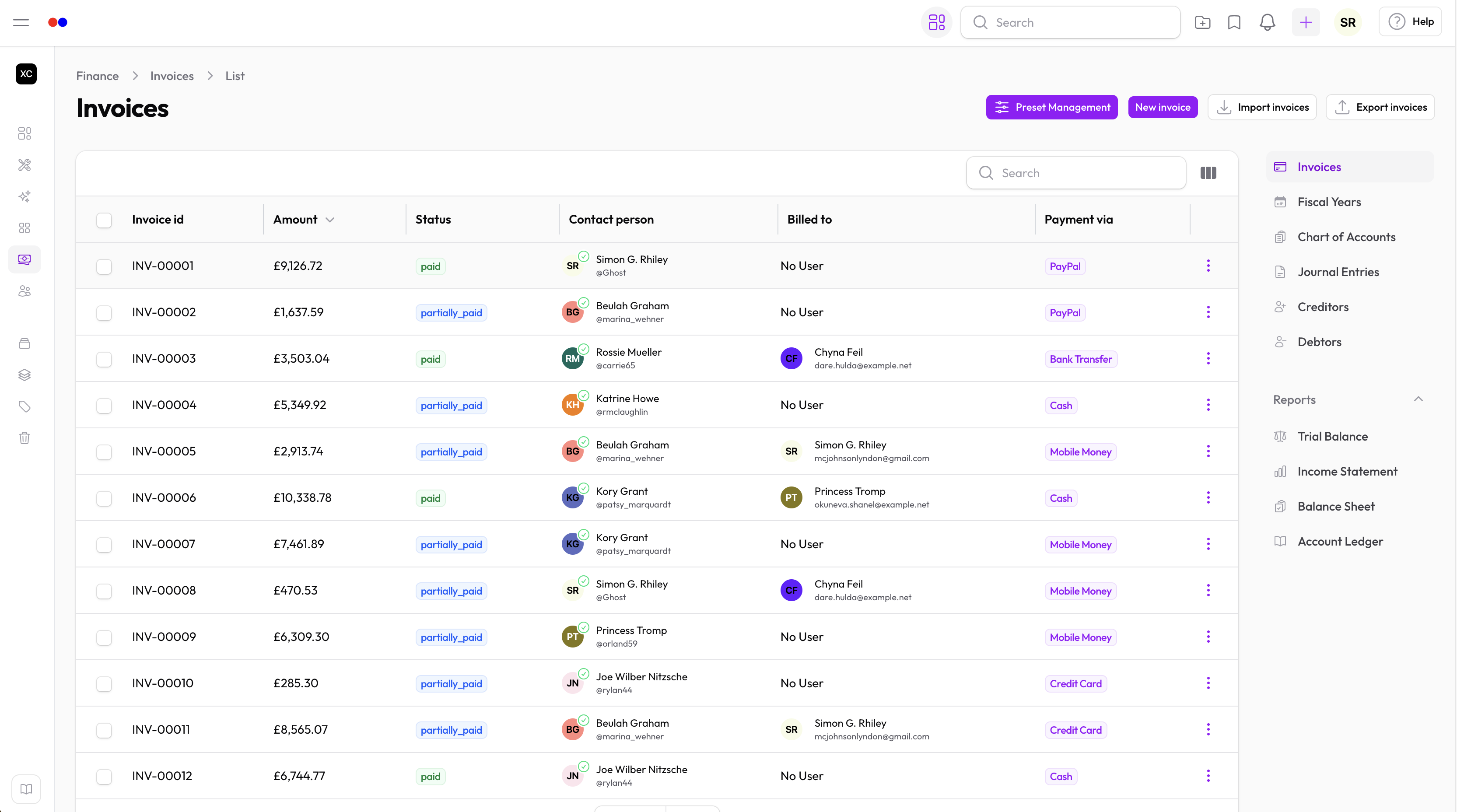 Invoice list in Hollowpurple Finance