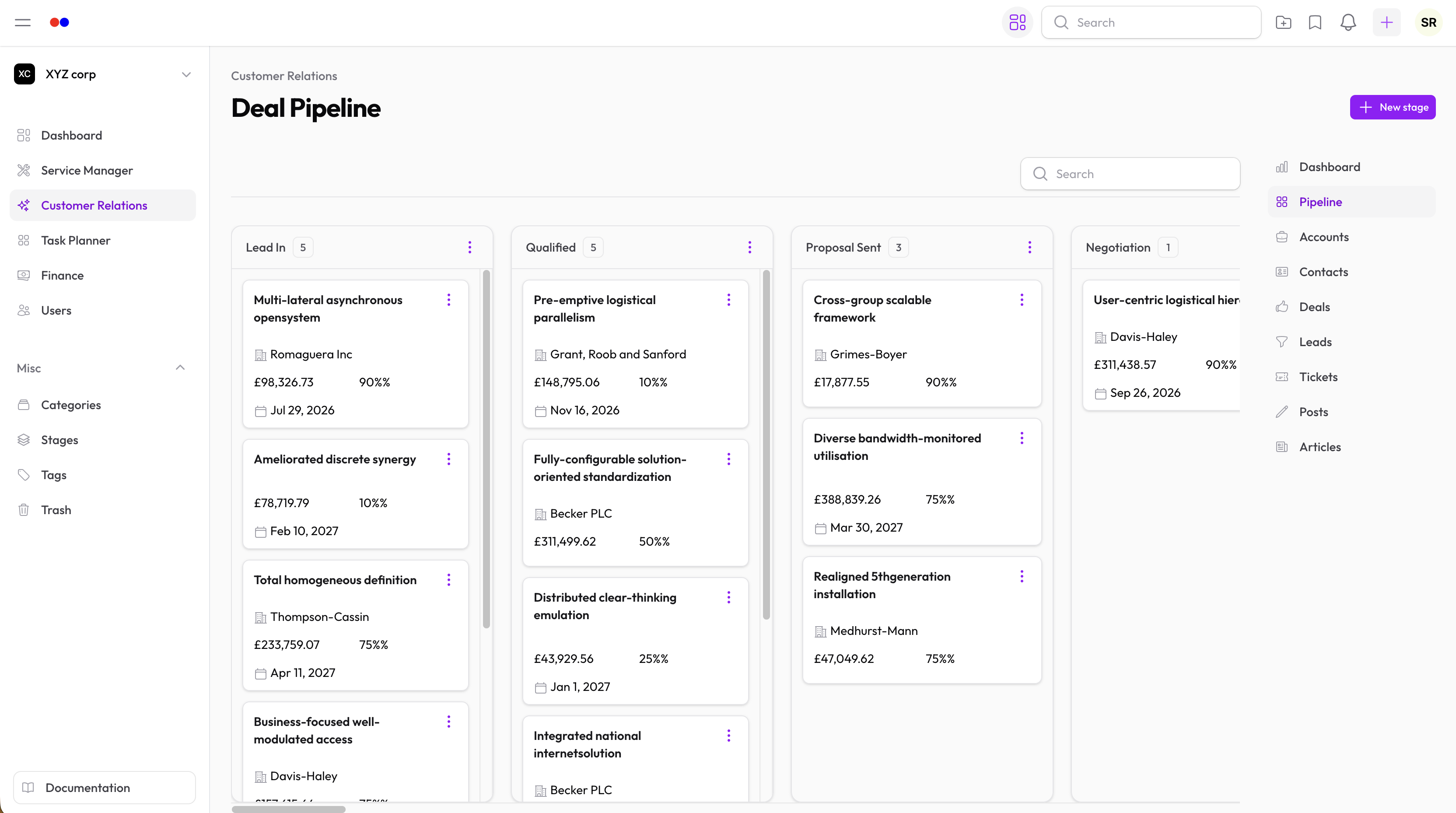 Deal pipeline board in Hollowpurple