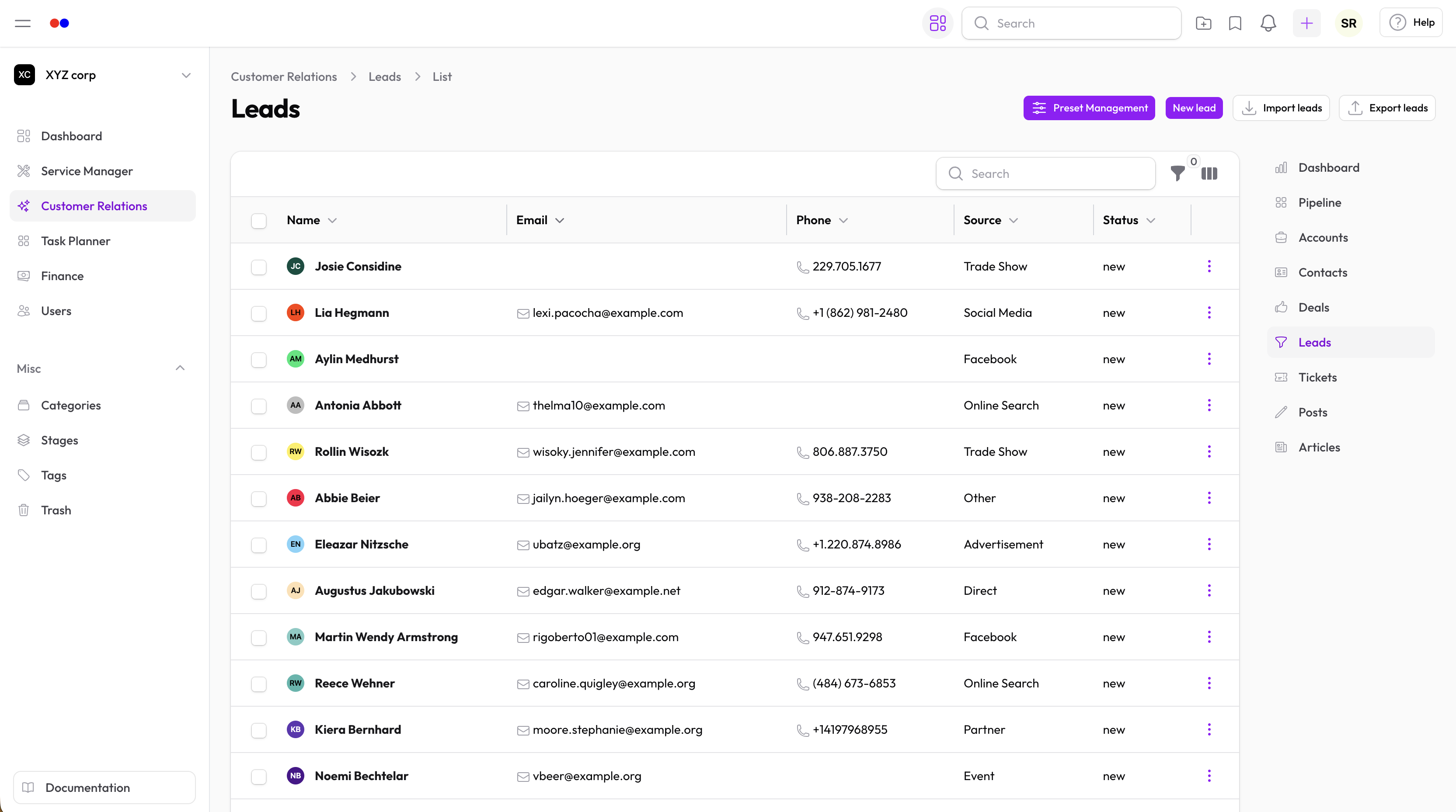 Lead list in Hollowpurple CRM