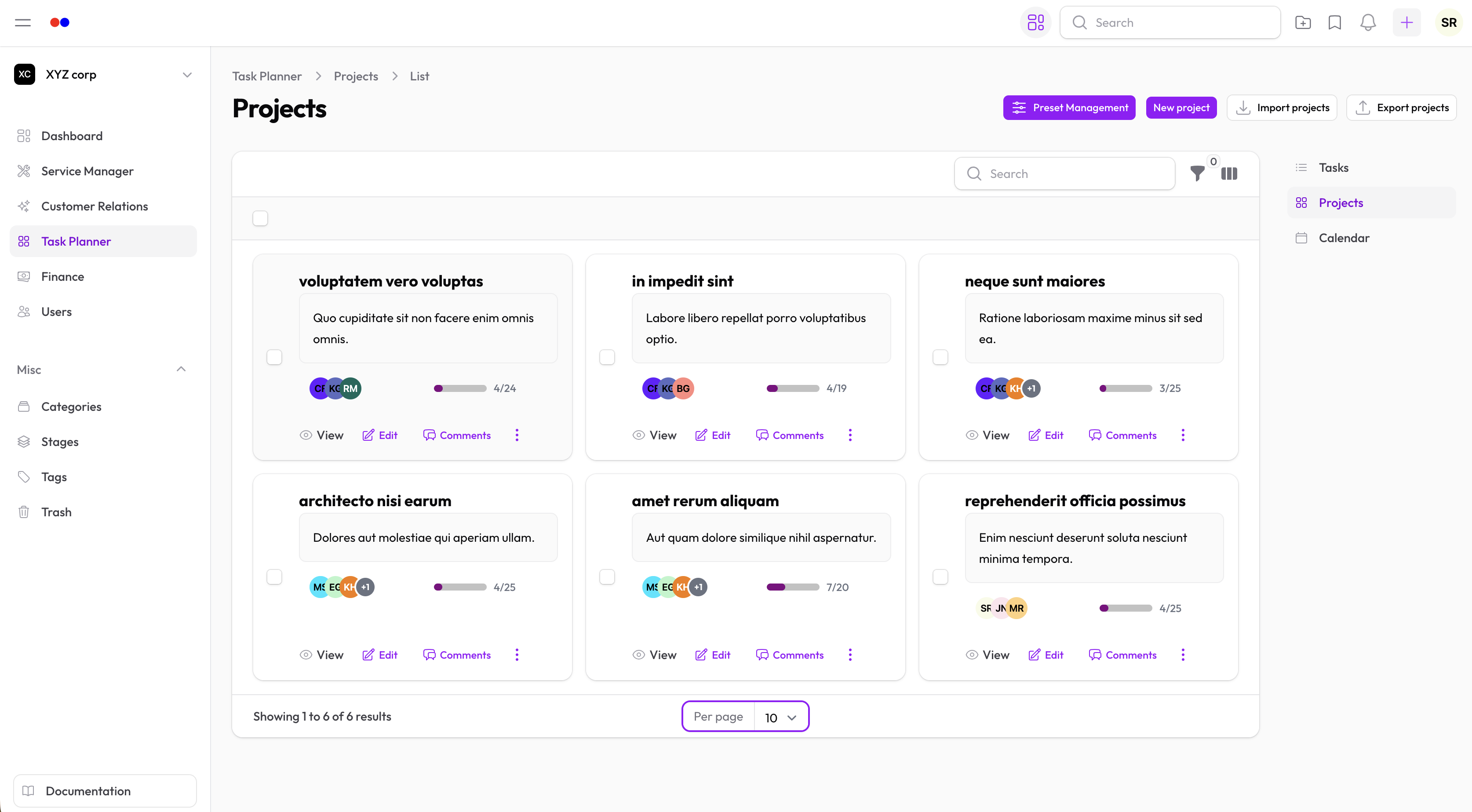 Project list in Hollowpurple Task Planner
