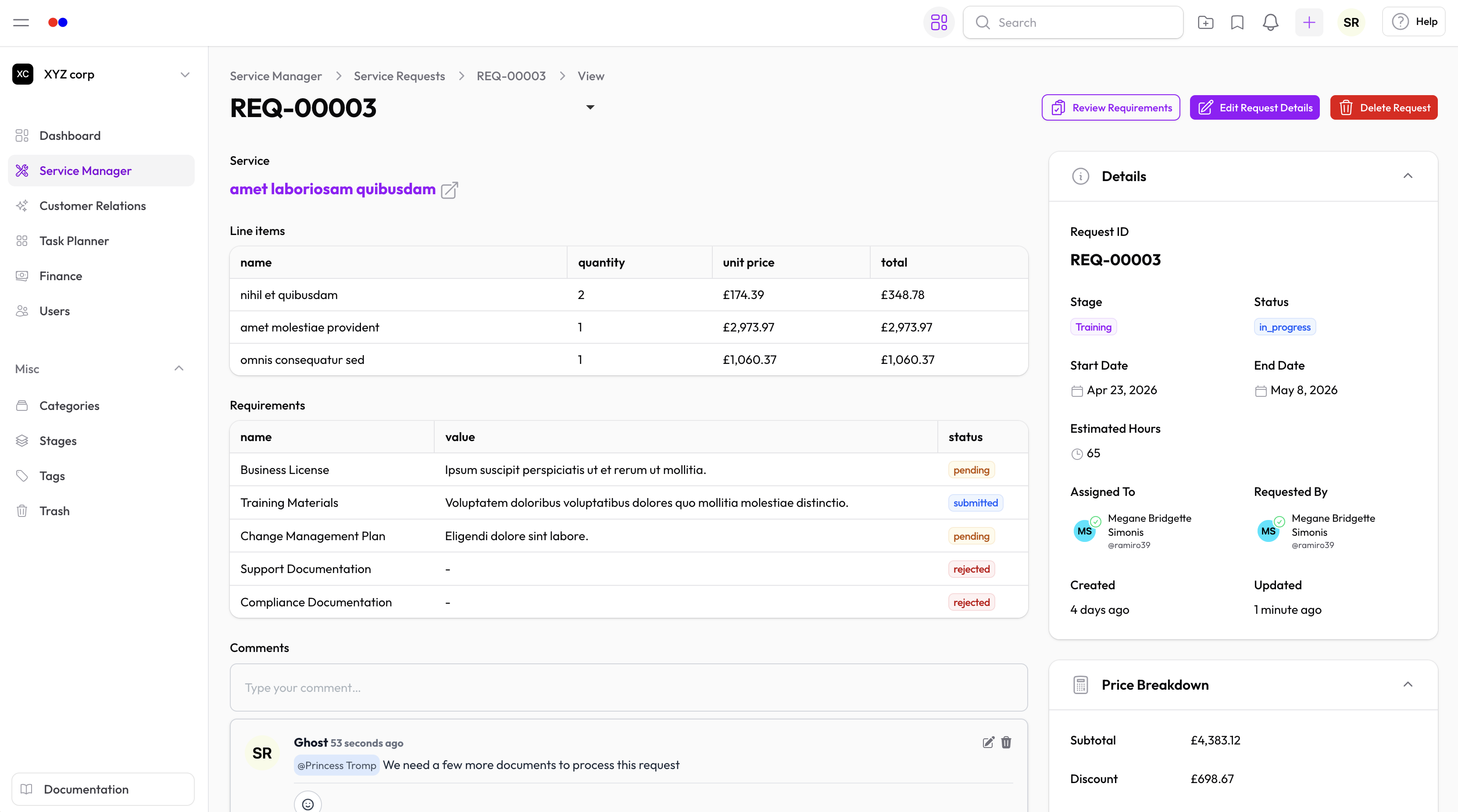 Service request detail in Hollowpurple