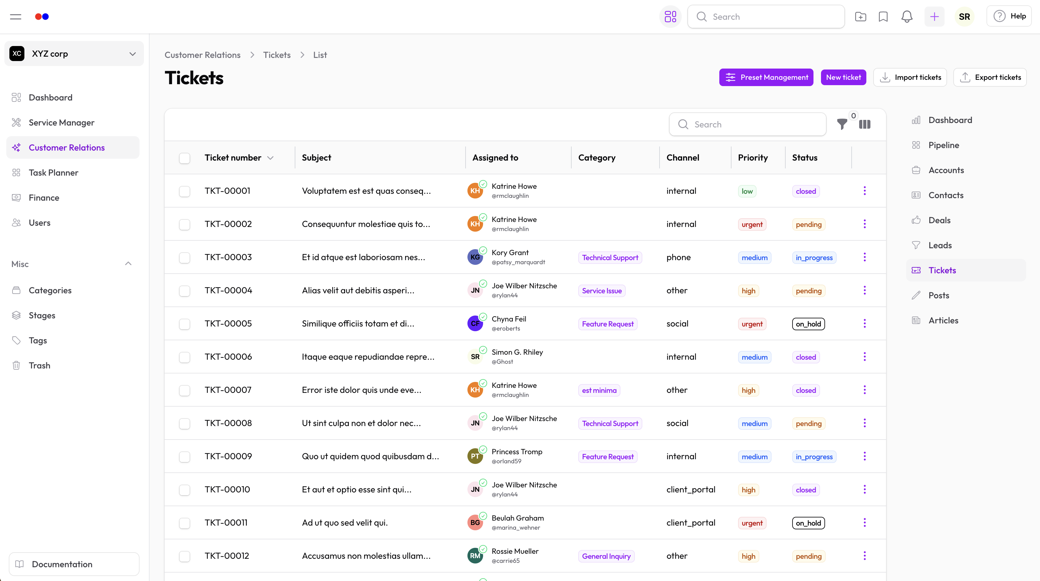 Support tickets in Hollowpurple CRM