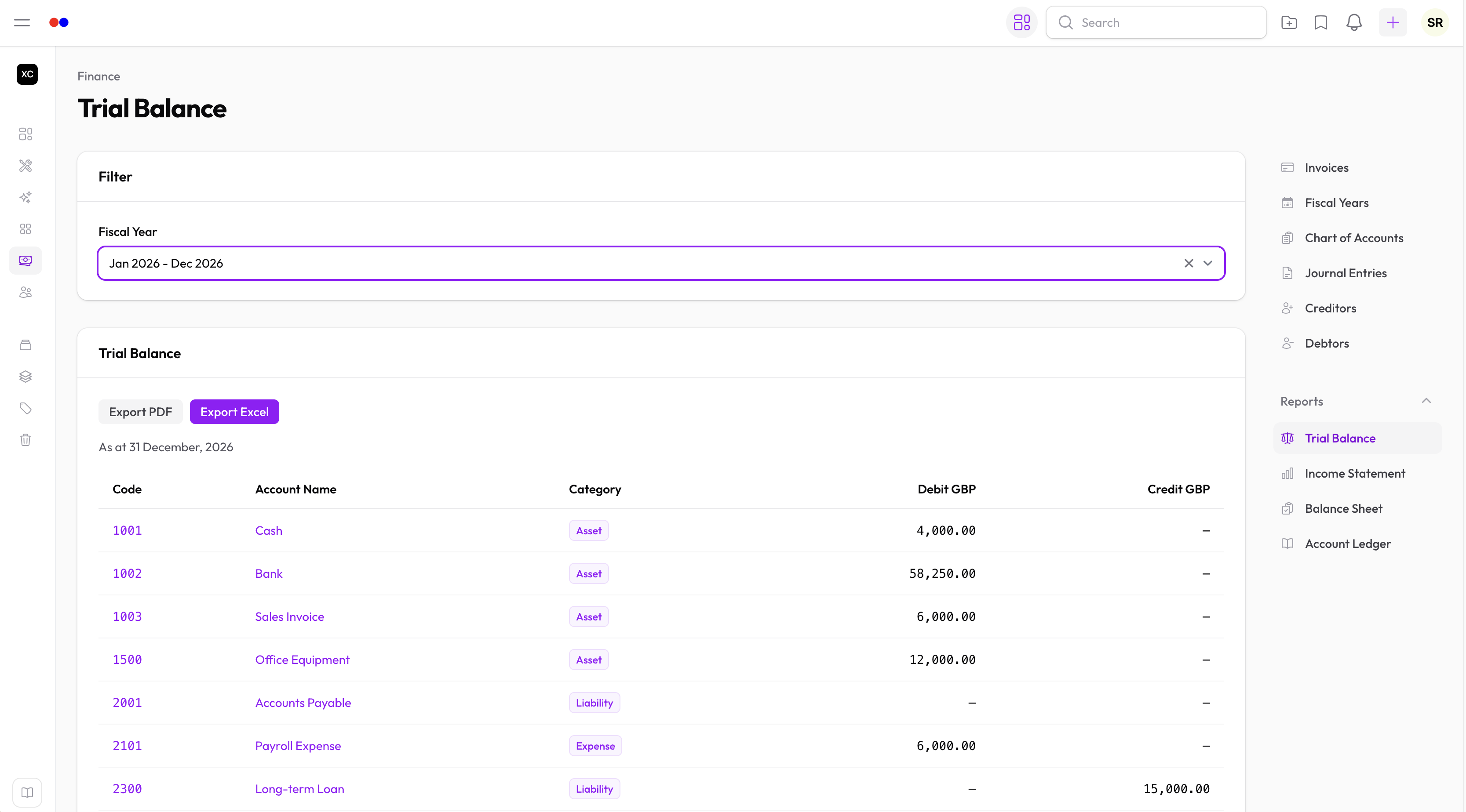 Trial balance report in Hollowpurple Finance