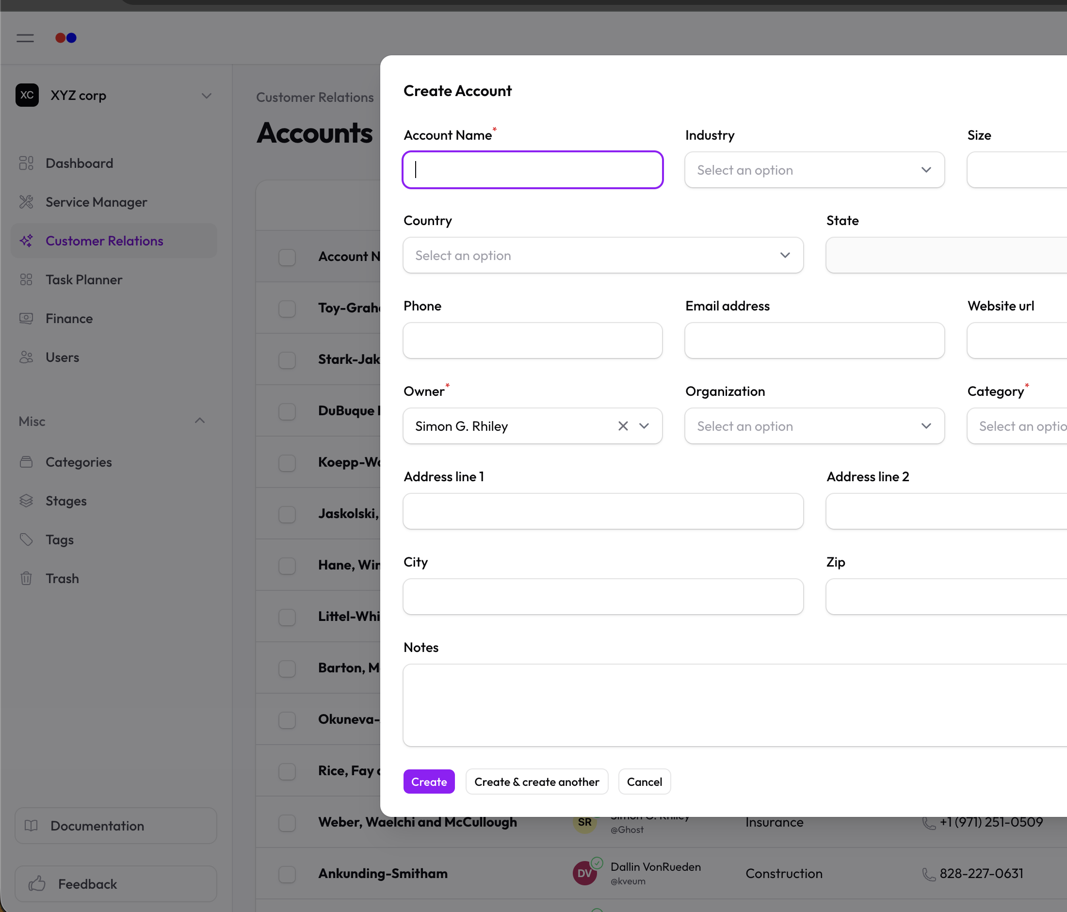 New account form