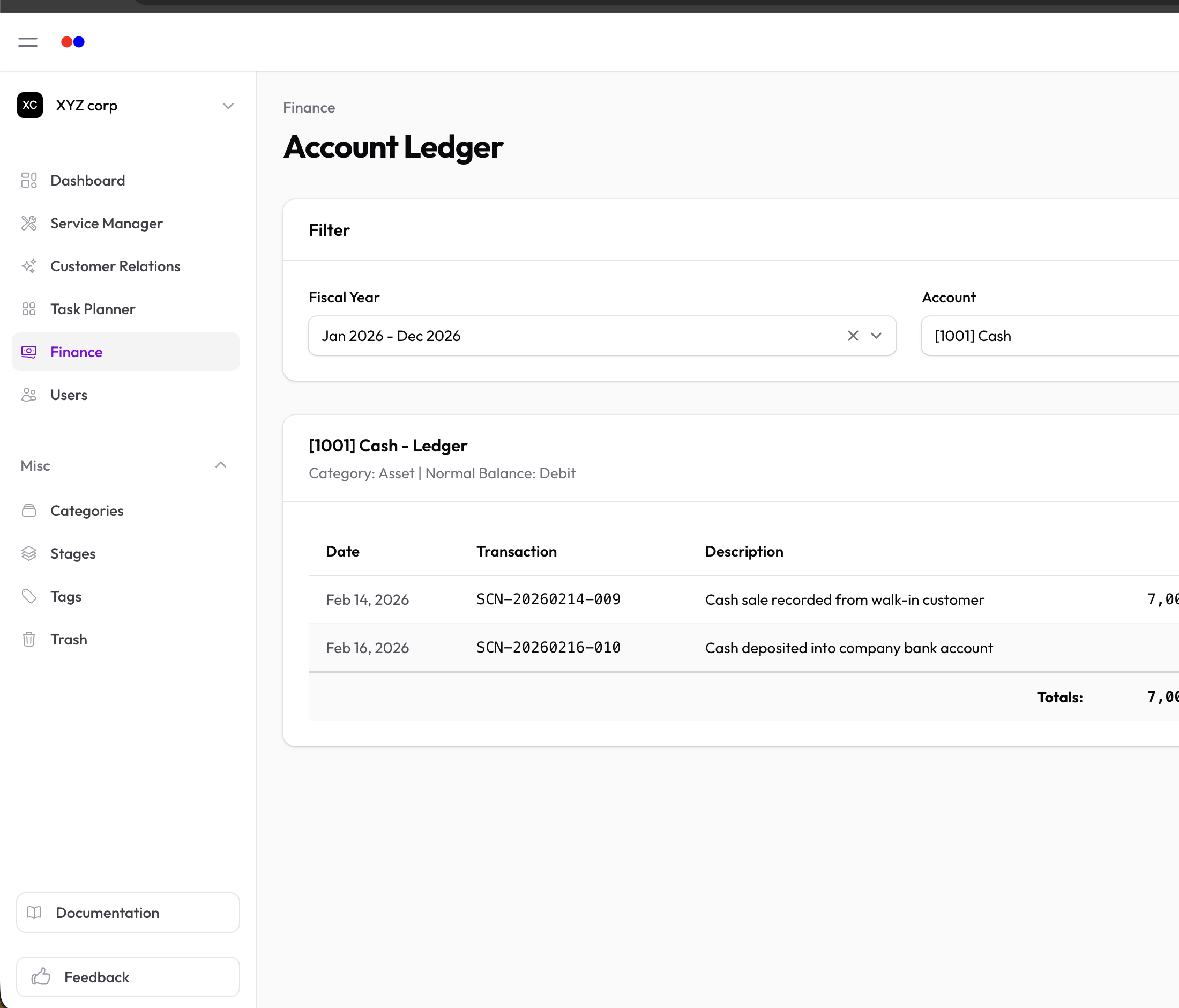Account ledger with transaction history and running balance column