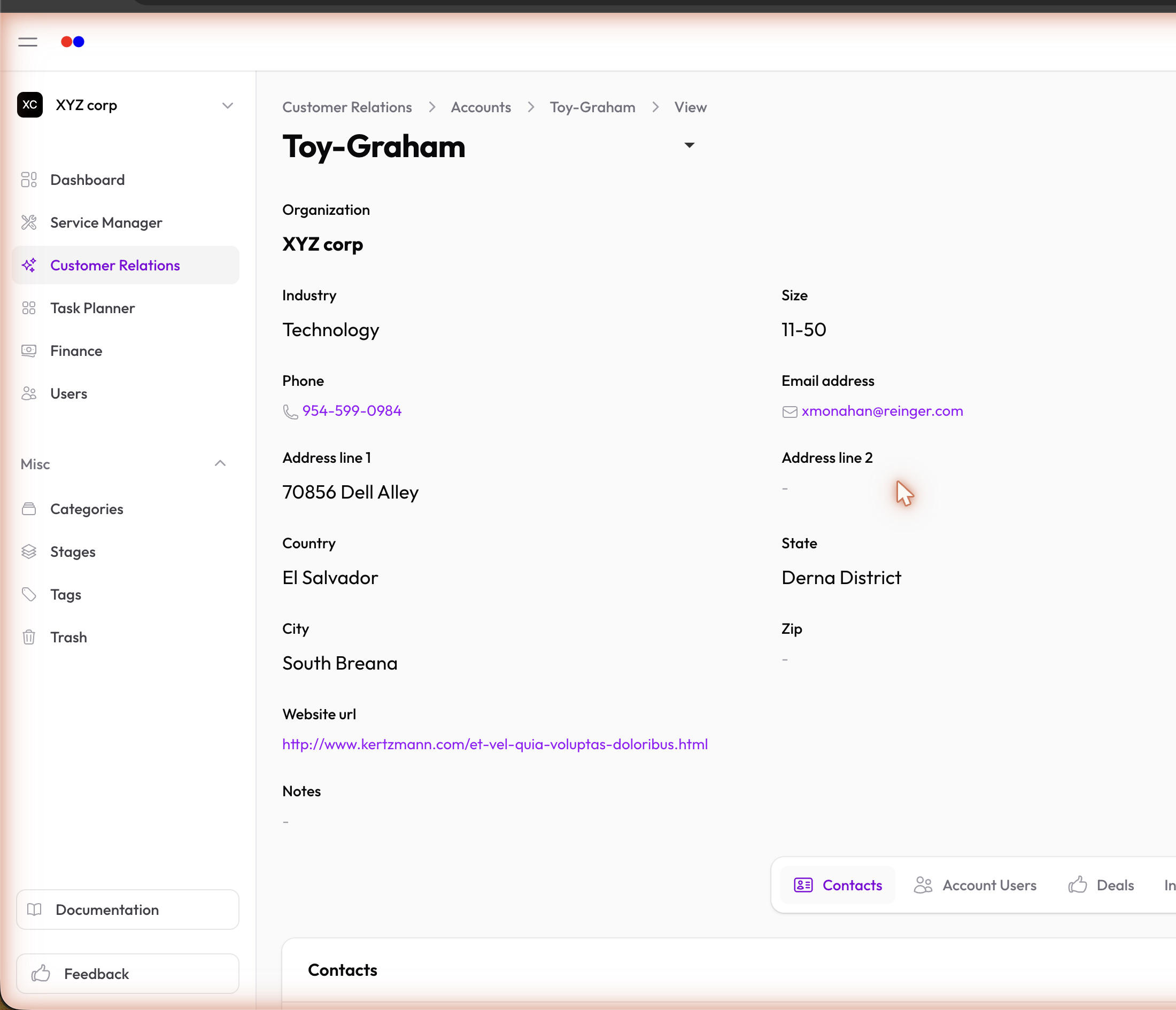 Account view showing Contacts, Deals, and Users tabs