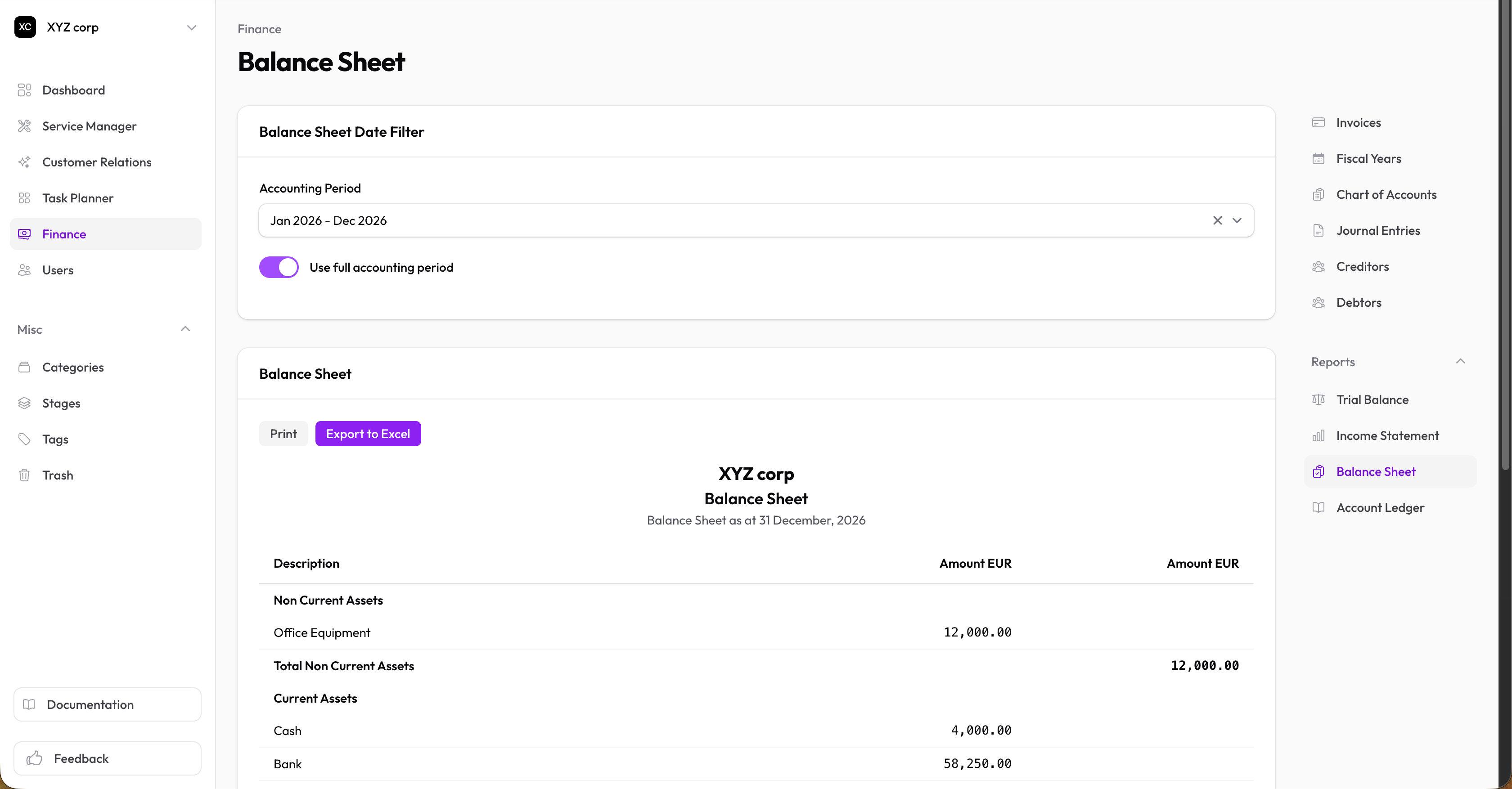 Balance sheet with assets, liabilities, and equity sections with totals