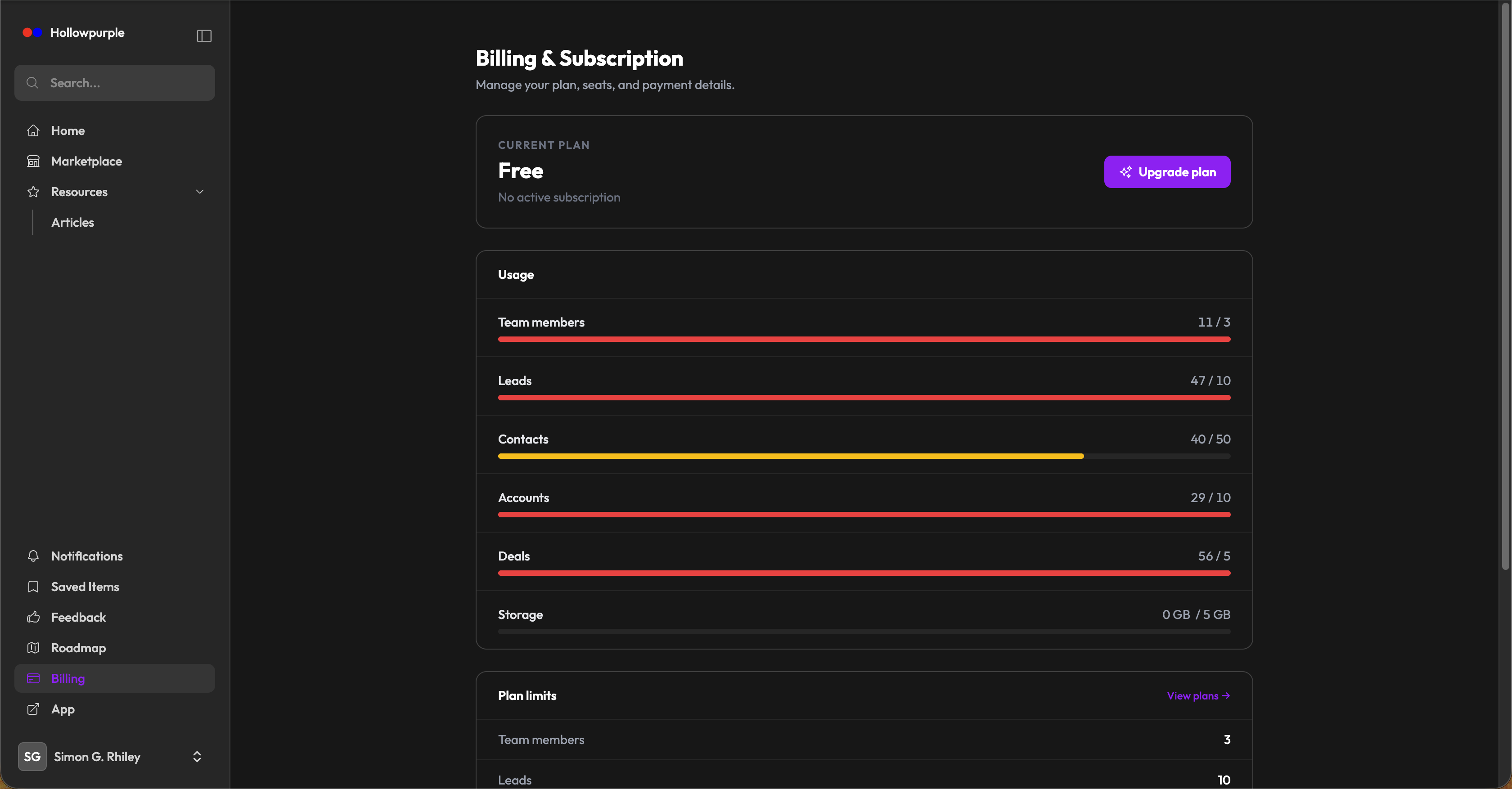 Billing page showing current plan, seat count, and usage progress bars