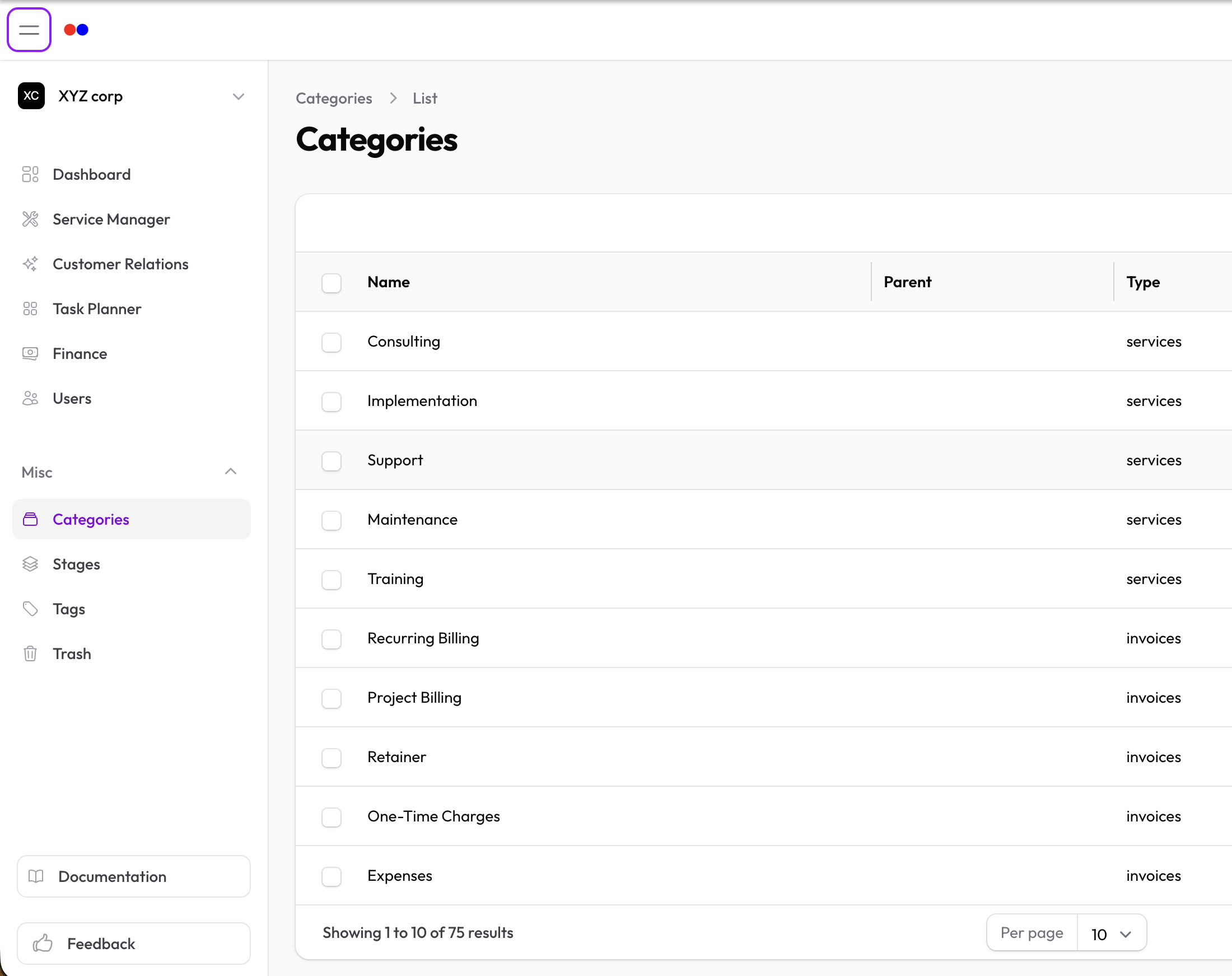 Categories list with type badge and color/icon swatches