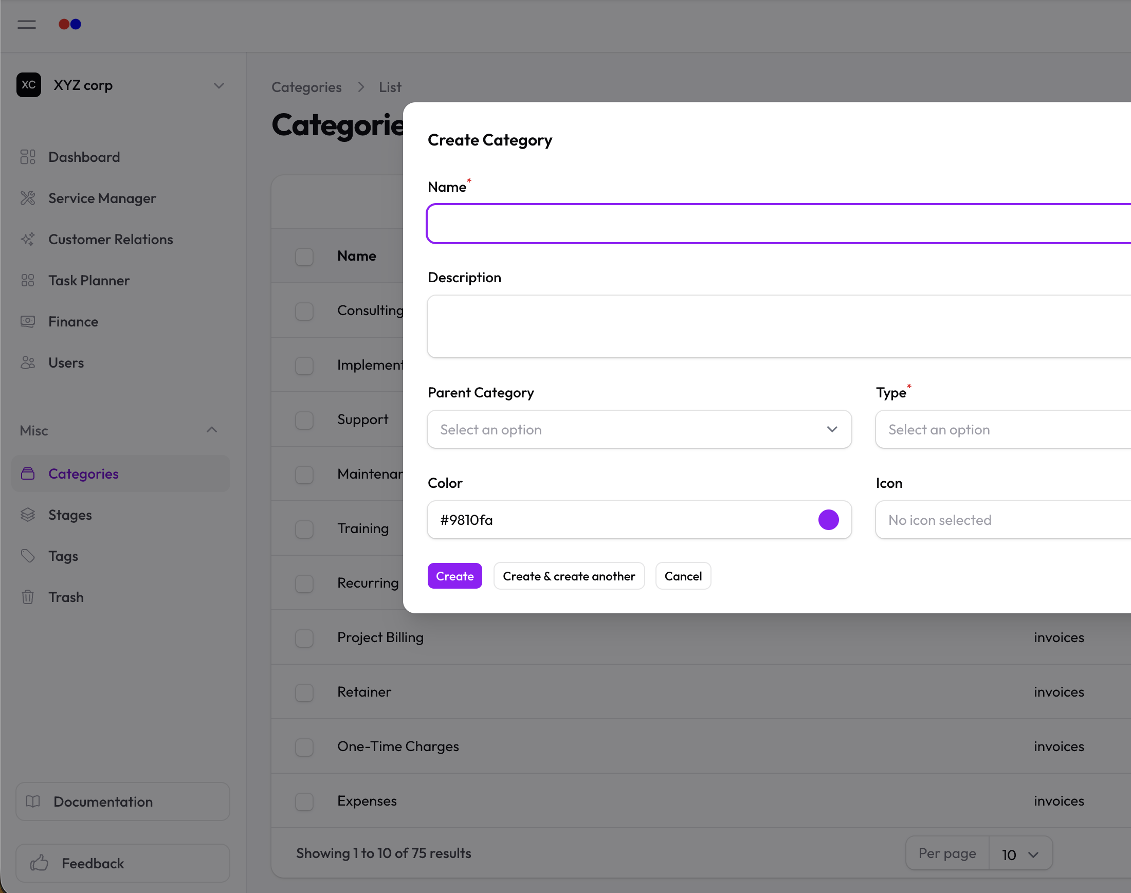Category form with type select, name, color, and icon fields