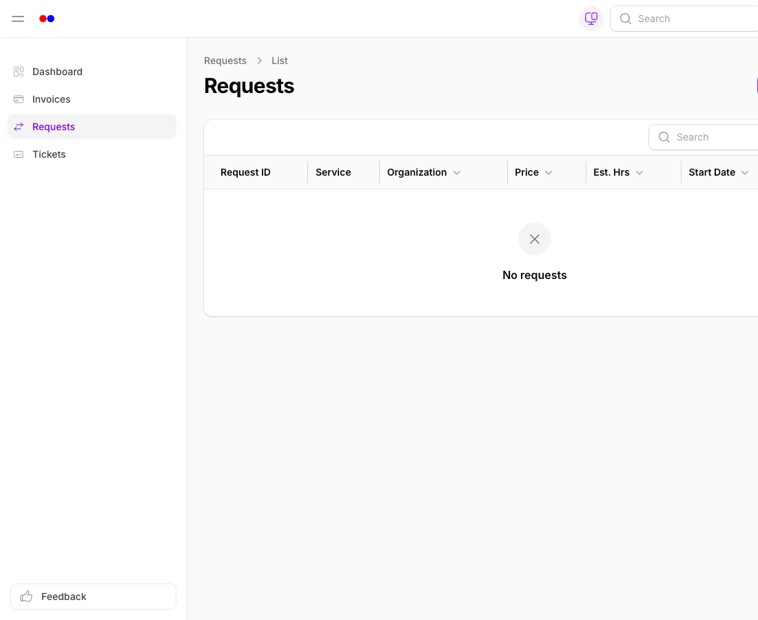 Client portal service requests list with stage and status