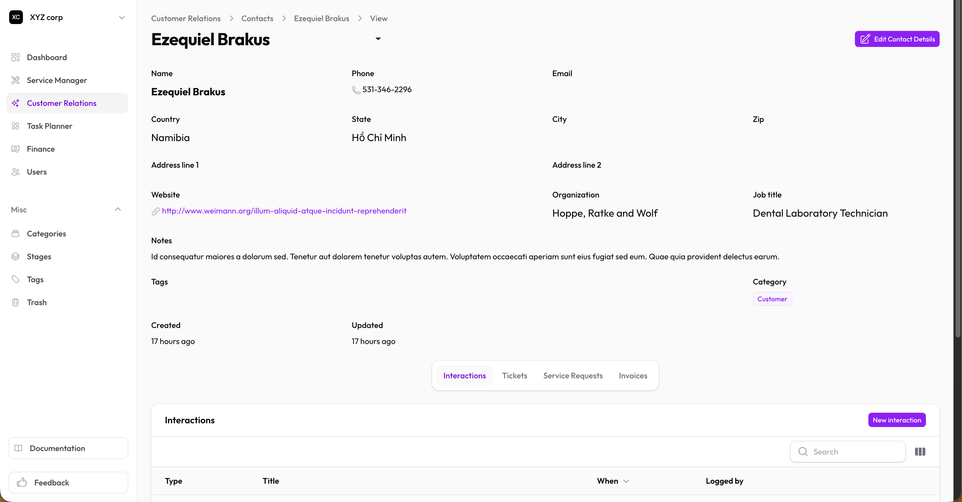 Contact view with copy icons