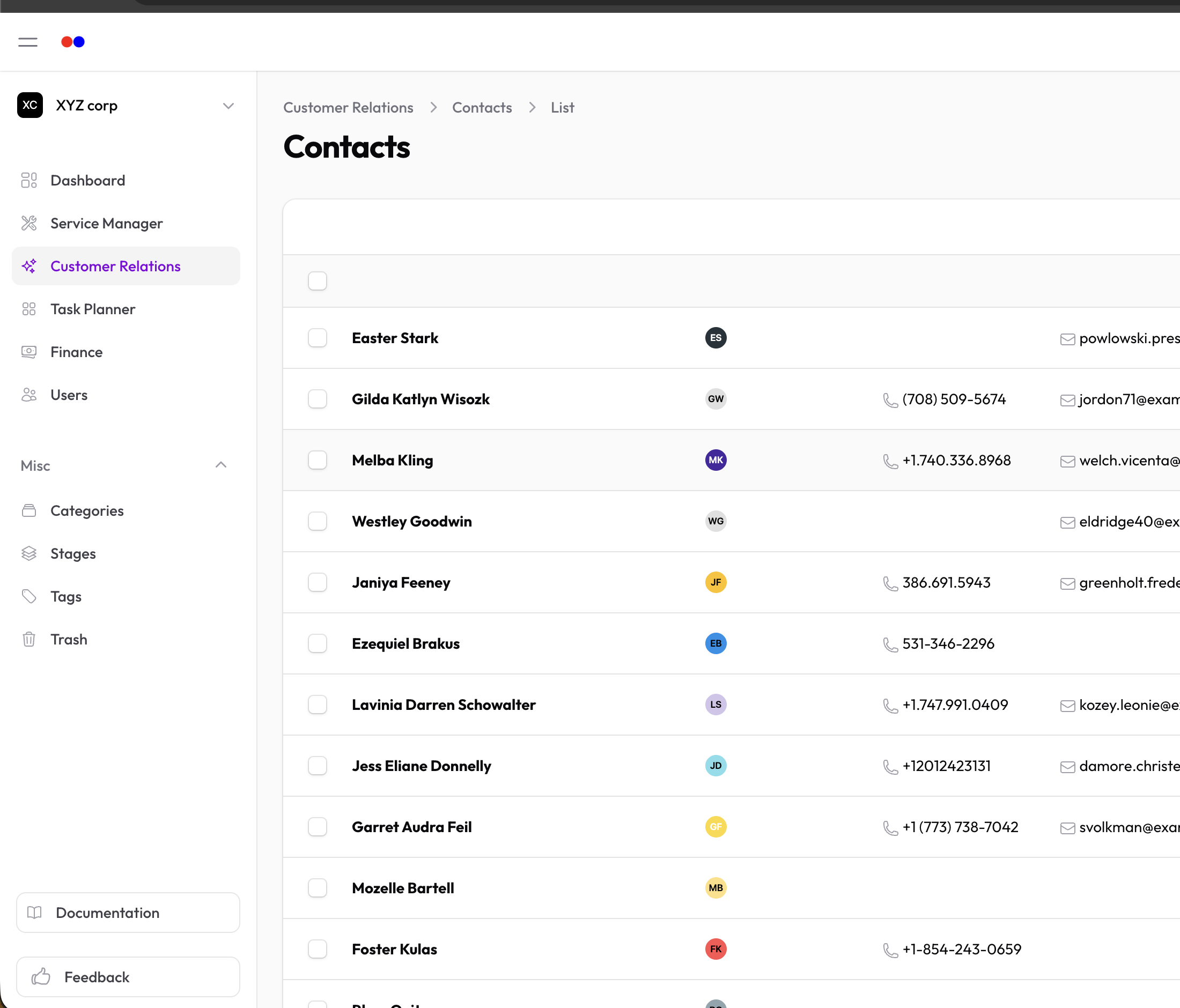 Contacts list