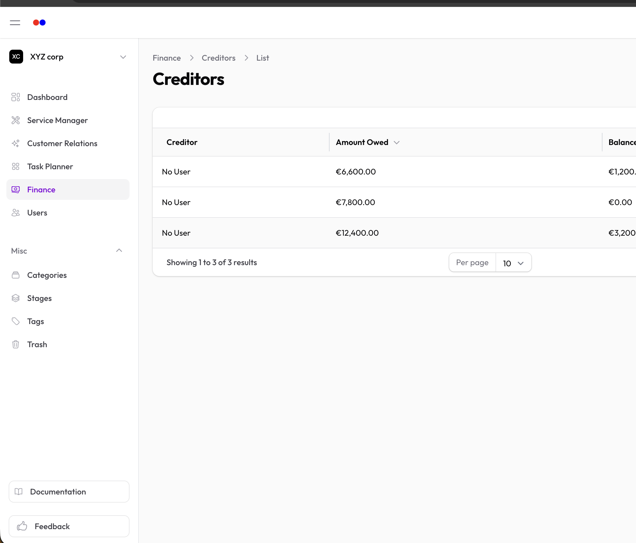 Creditors list with balance and active status columns