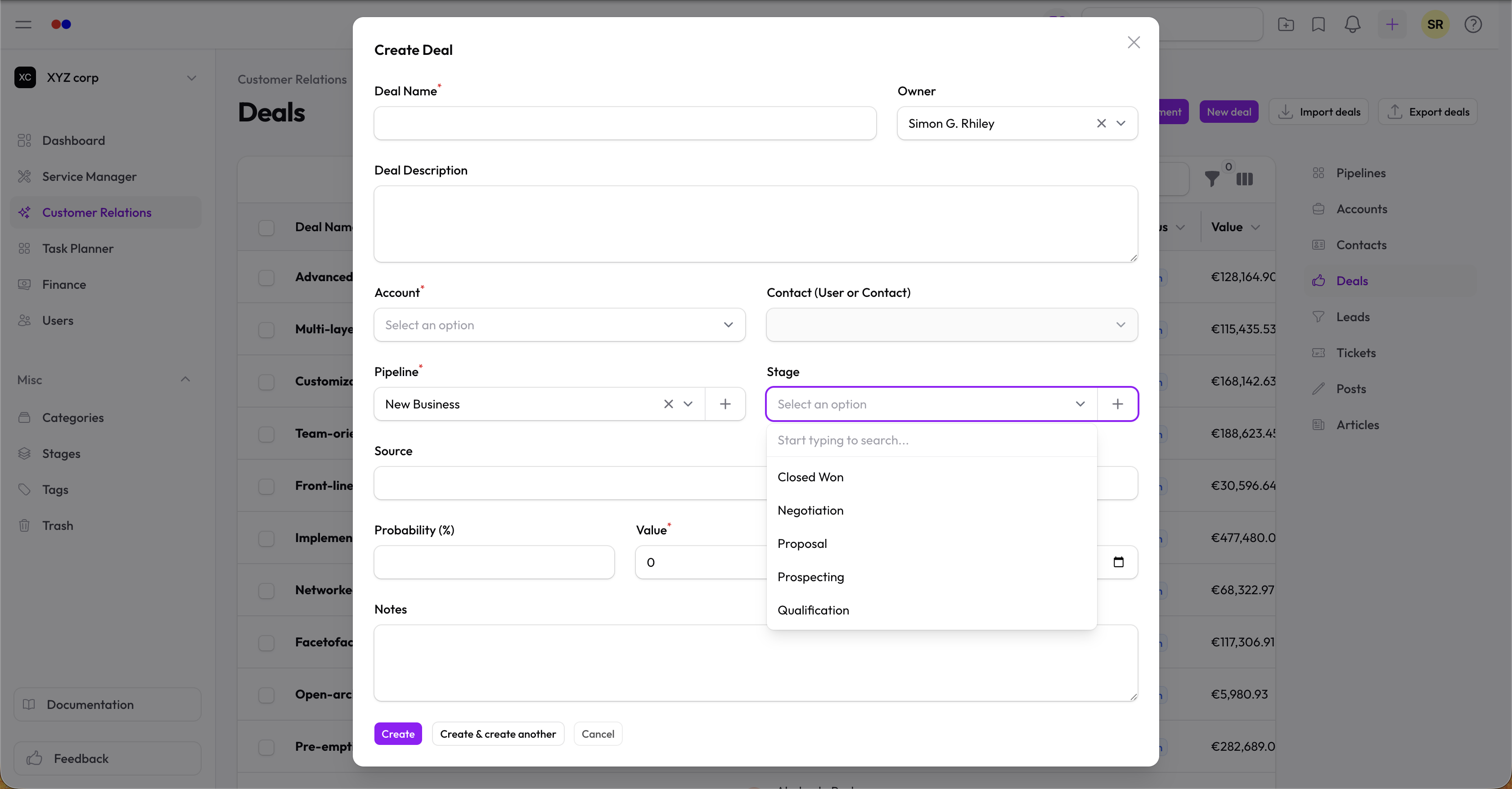Deal form — pipeline selected with scoped stage options
