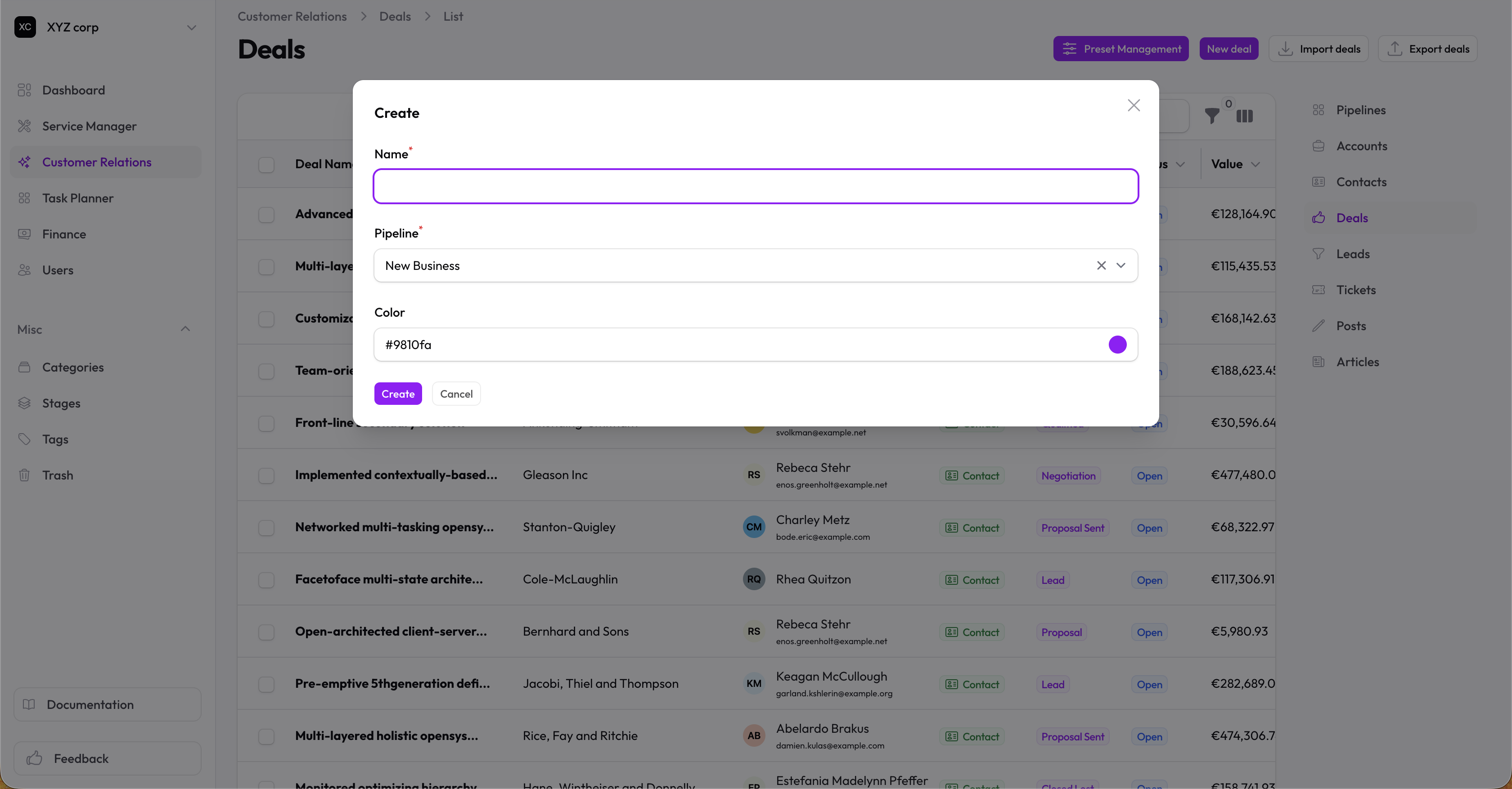 Deal form — Create new stage modal open with pipeline pre-filled