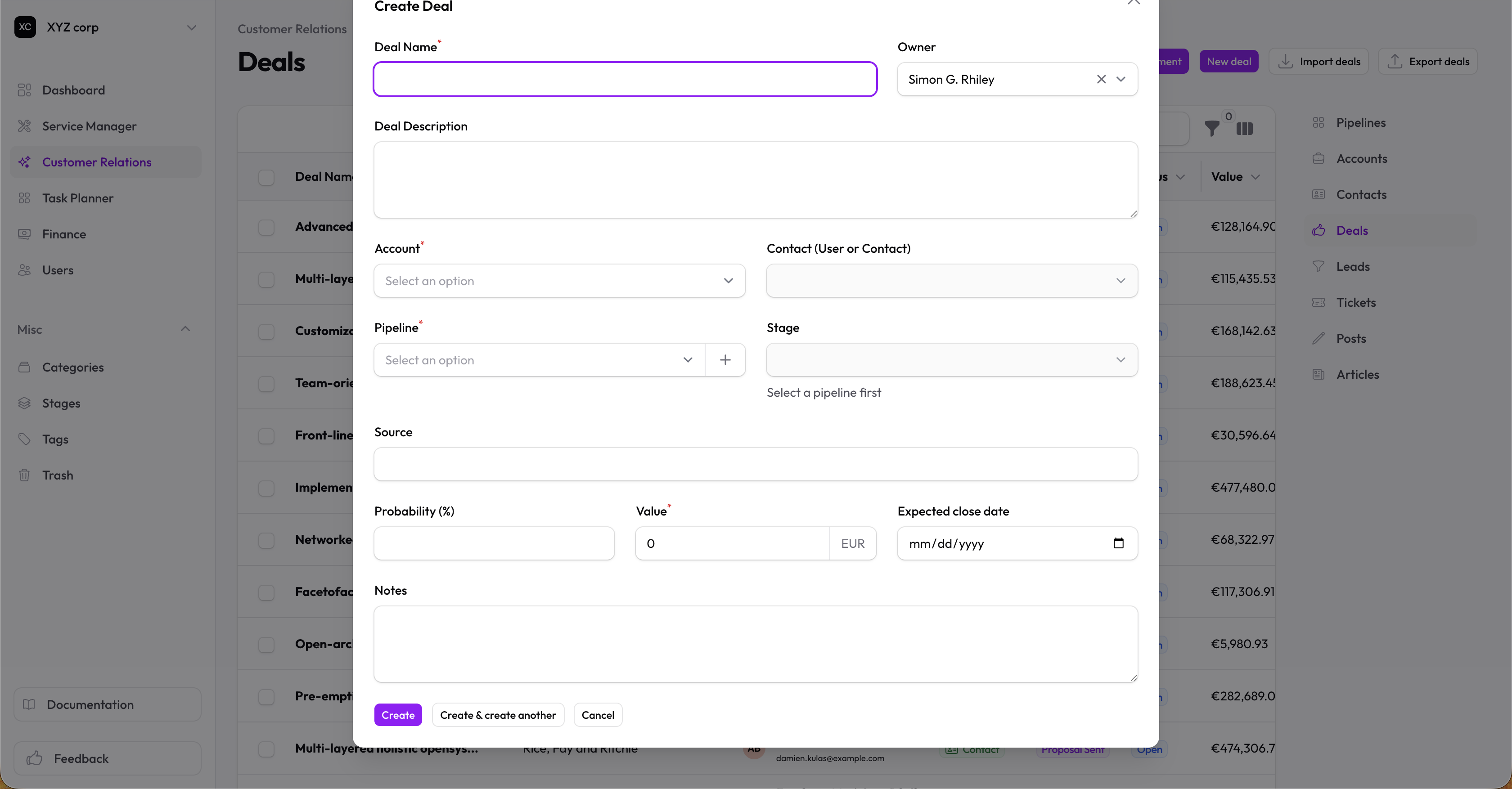 Deal form — stage disabled until pipeline is selected