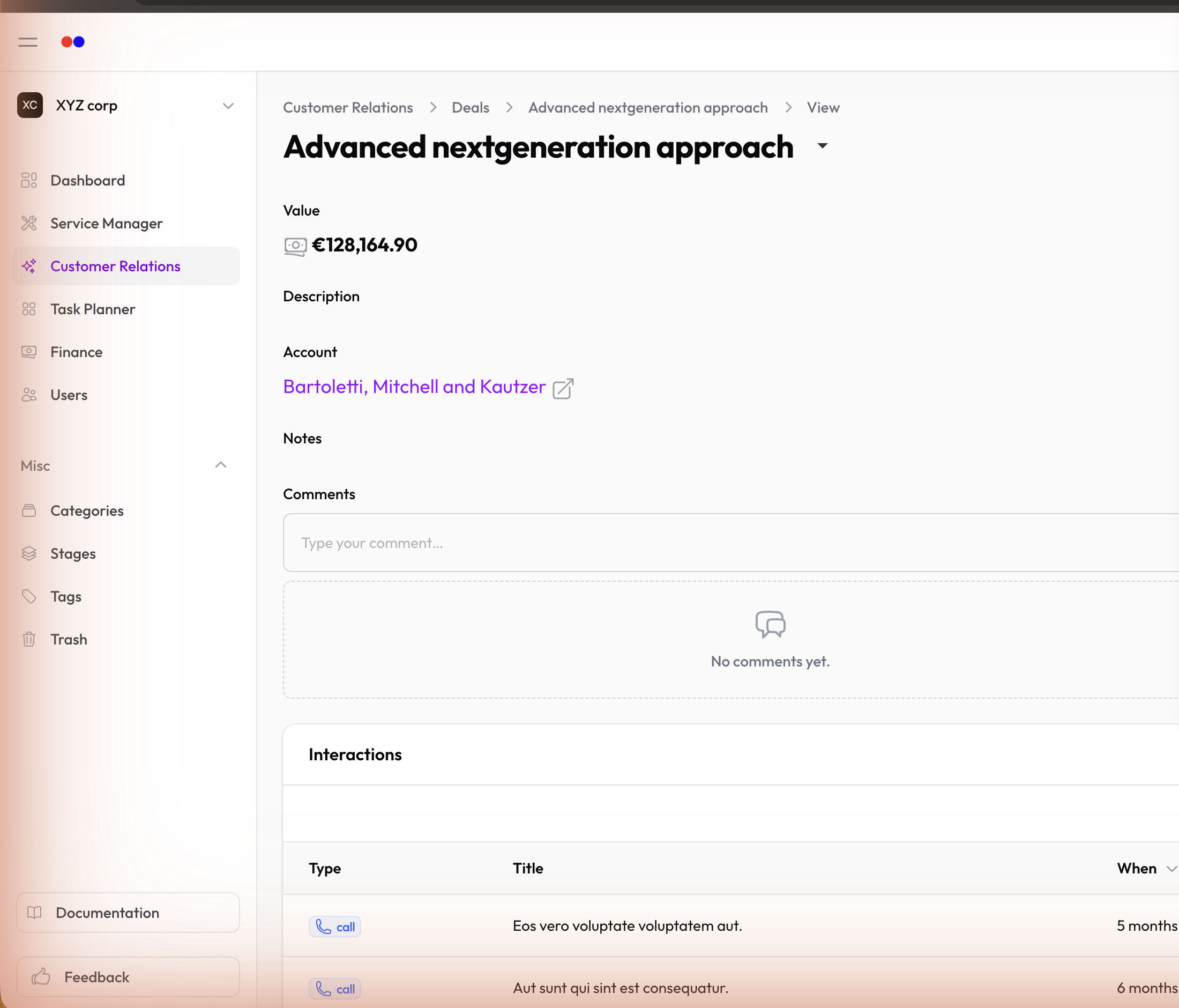 Deal view with interactions and comments section