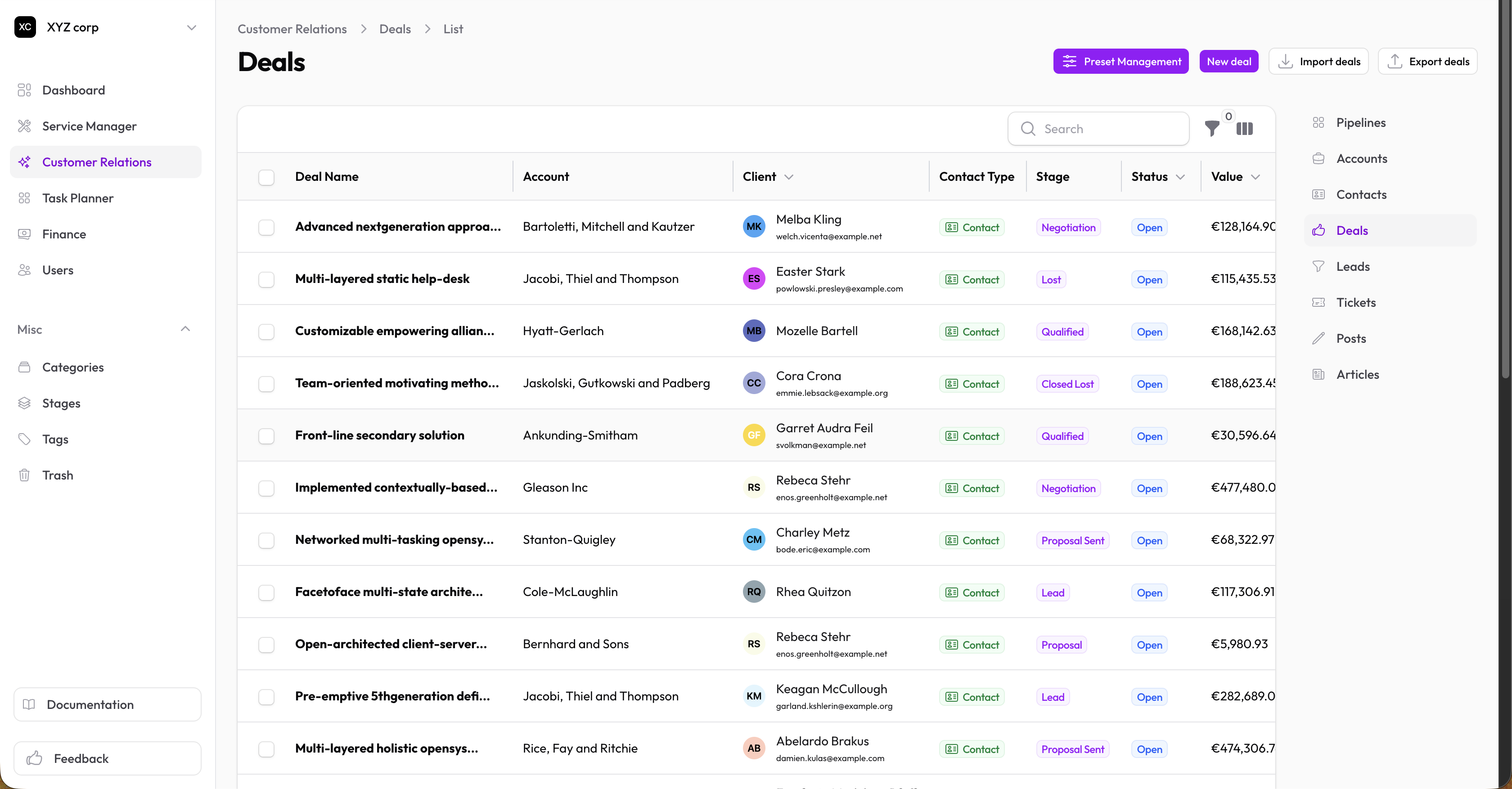 Deals list with pipeline, stage, and value columns
