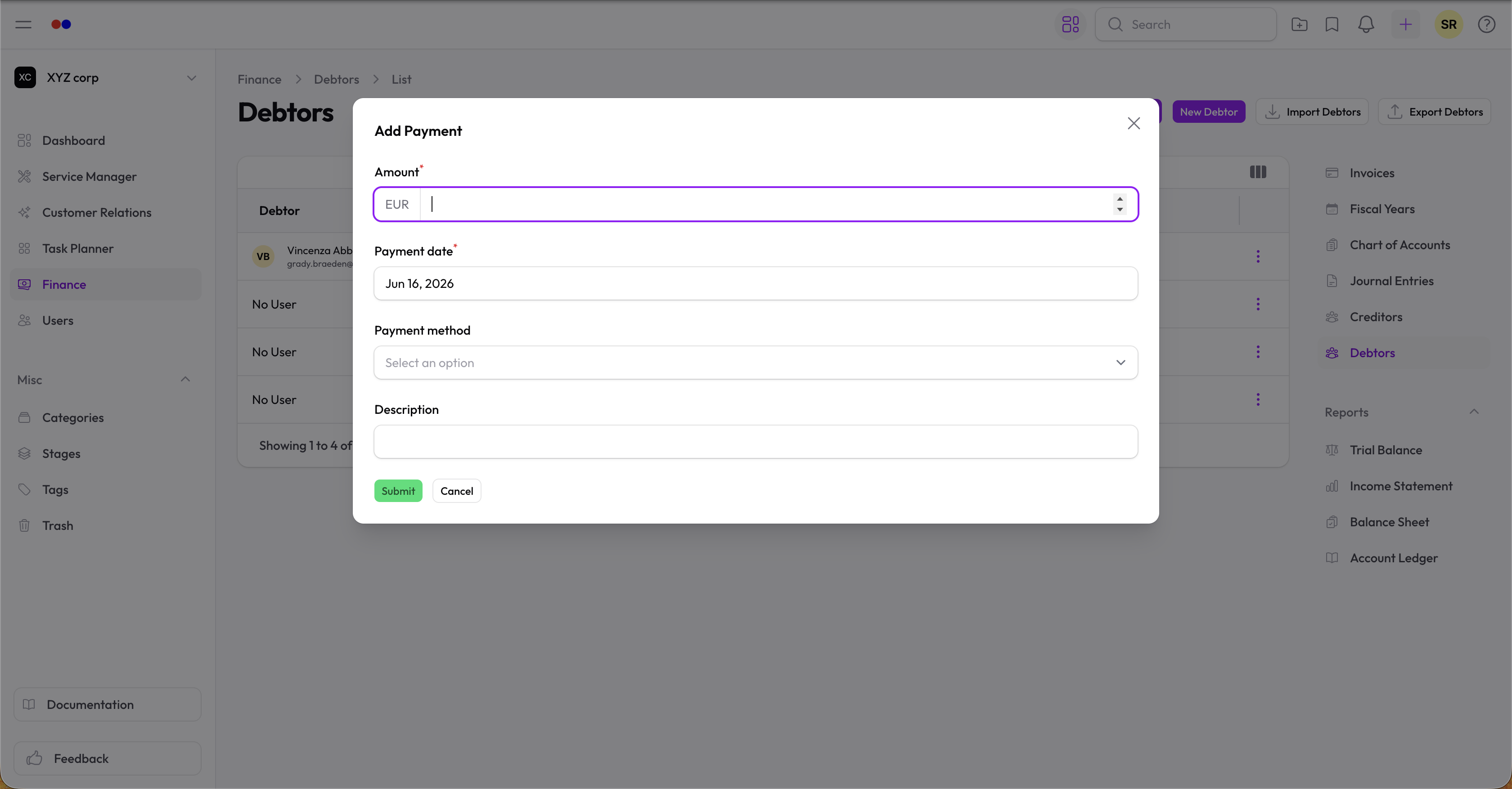Add payment form on a debtor record