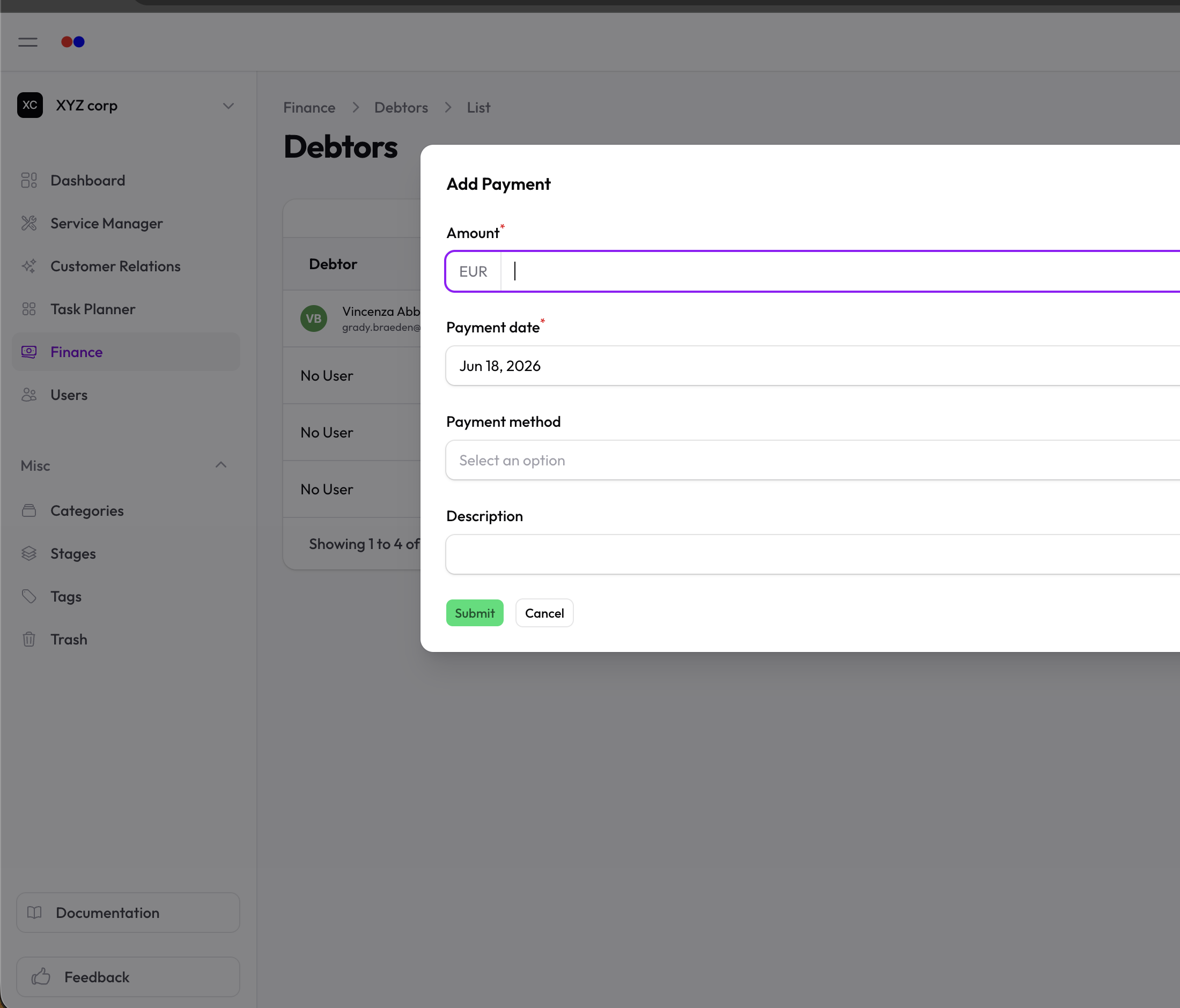 Debtor view with Payments tab showing payment history