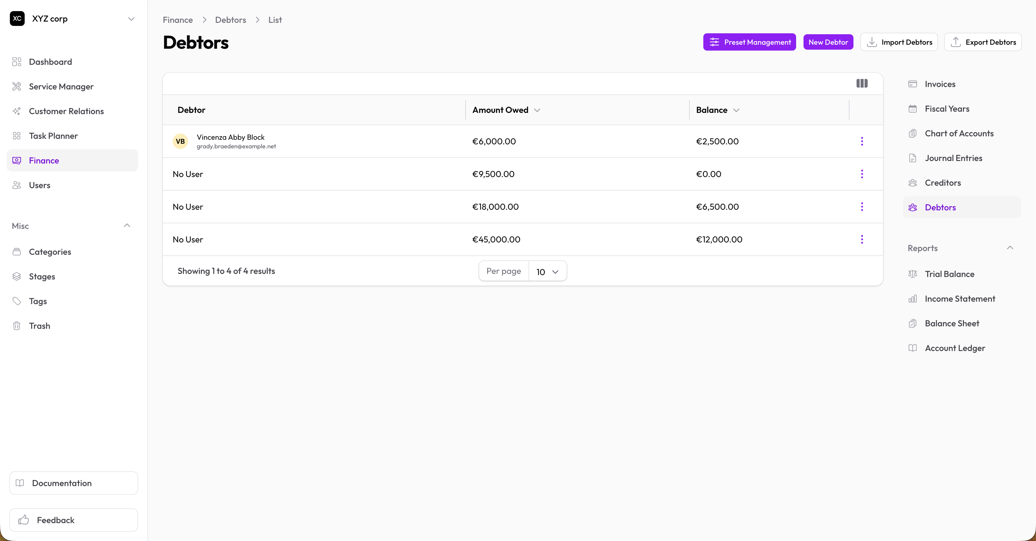 Debtors list with balance and active status columns