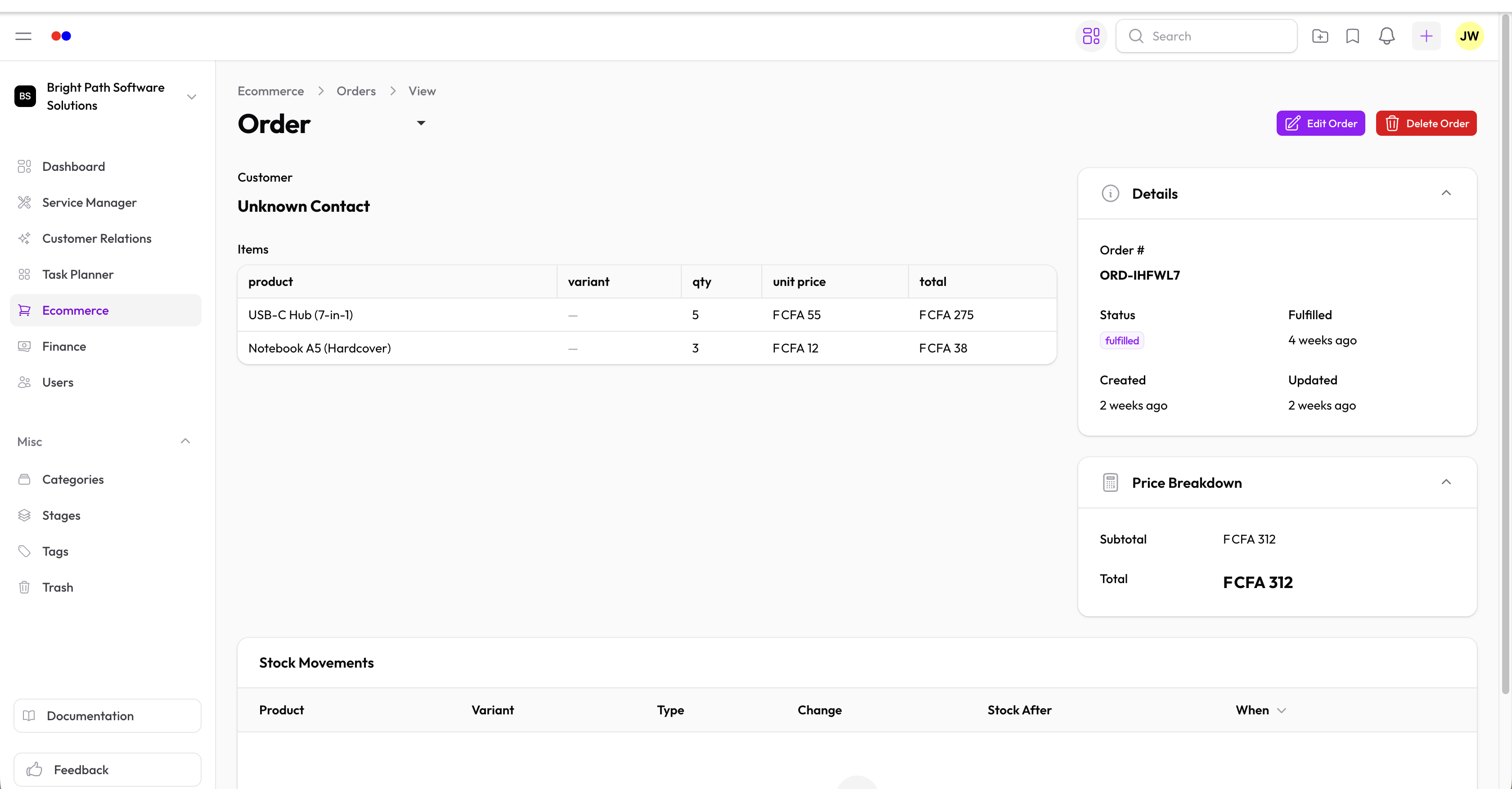 Order view showing line items, customer, and fulfilment status