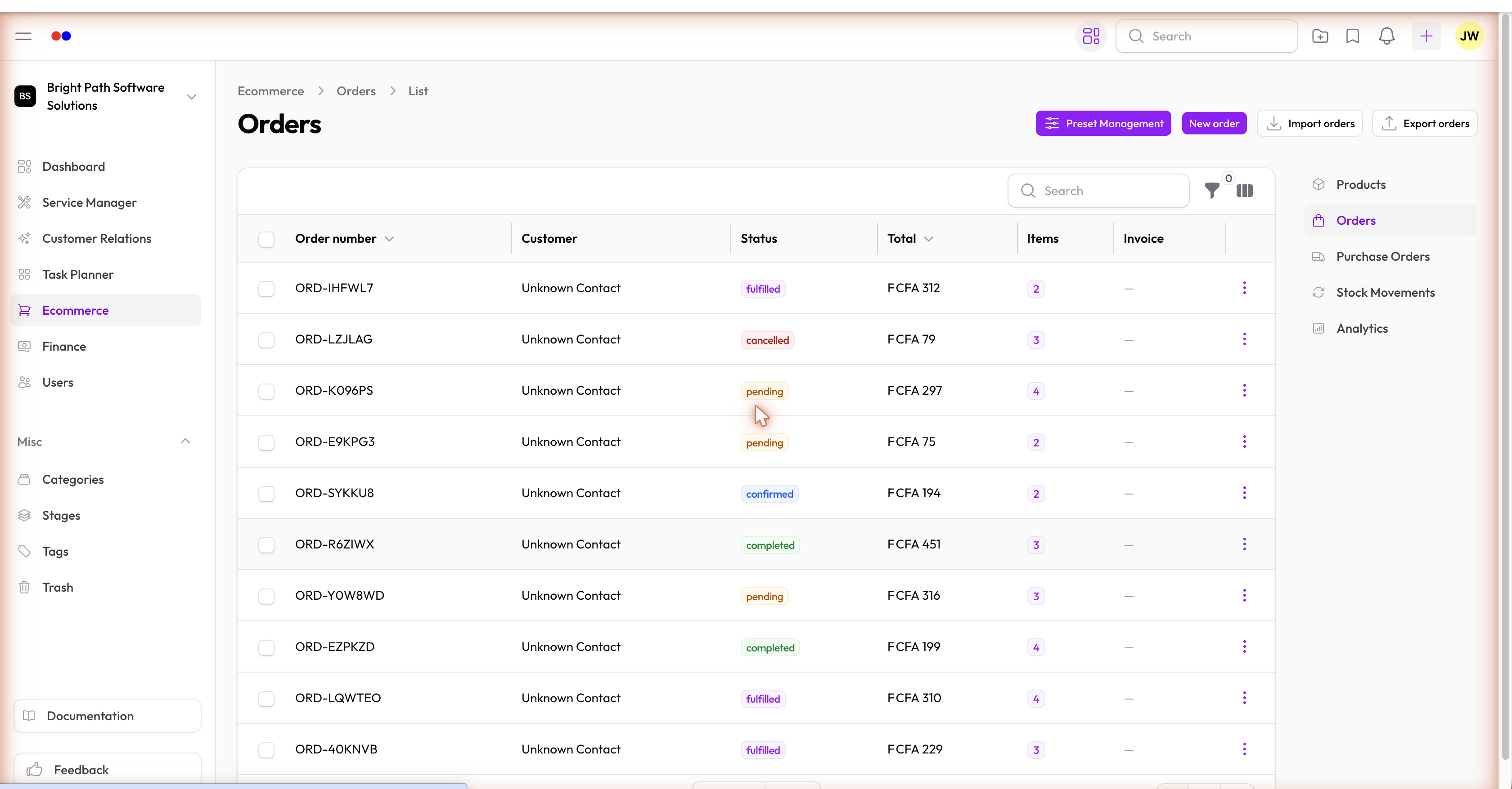 Orders list showing status badges and totals