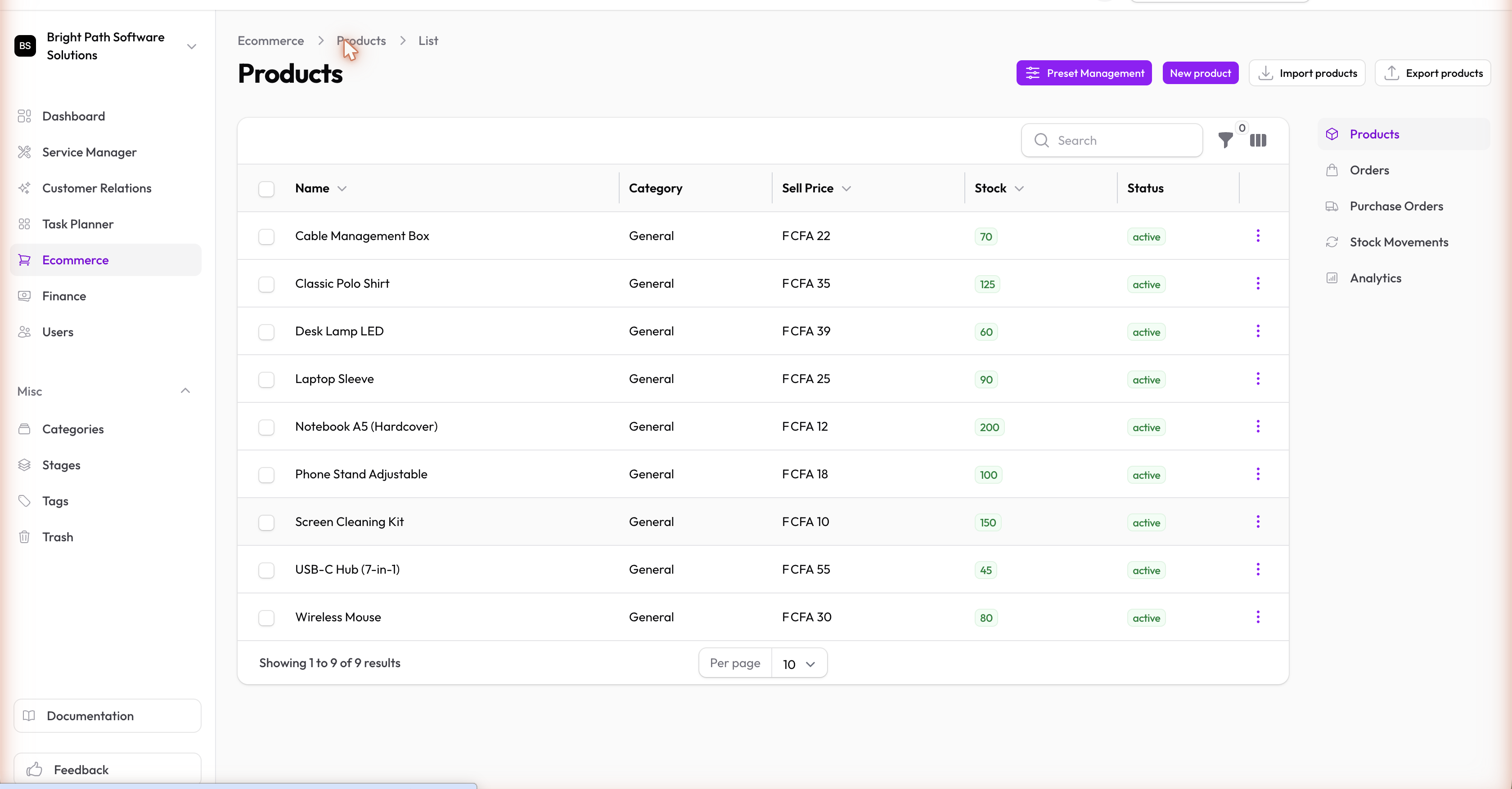 Products list showing catalogue with variant count and stock indicators