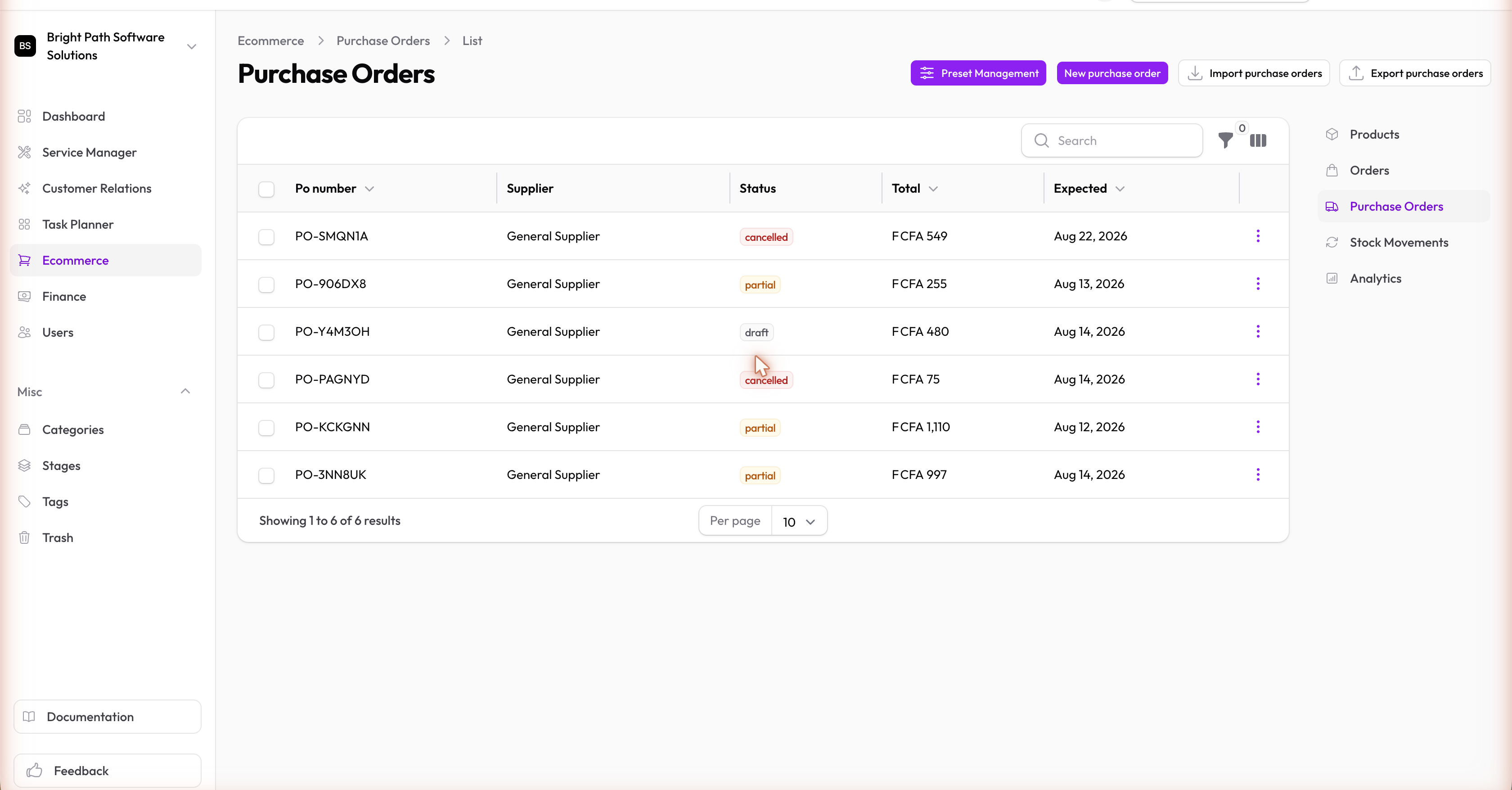 Purchase orders list showing supplier, status, and line item count