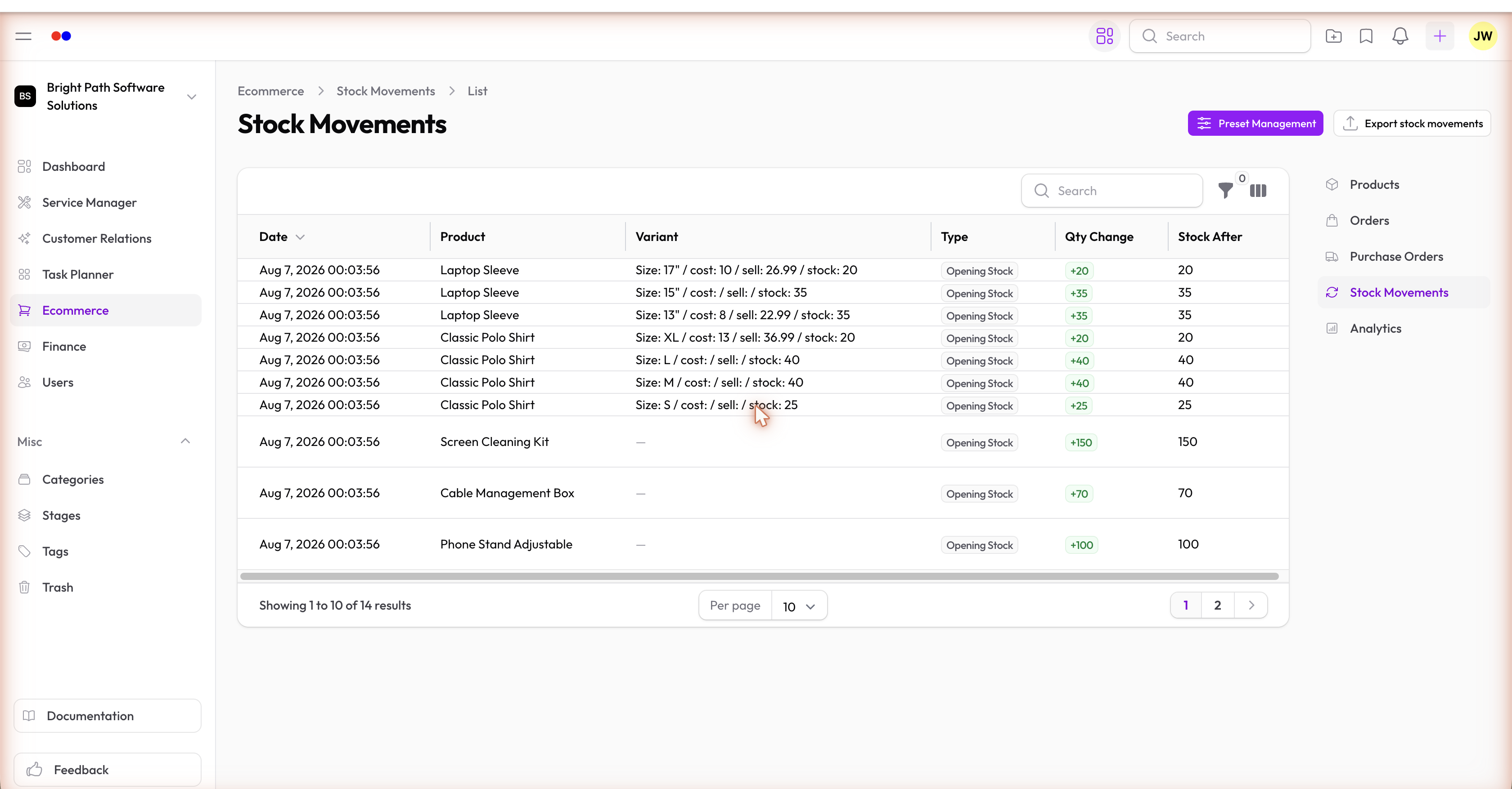 Stock movements list showing type, quantity, and source record