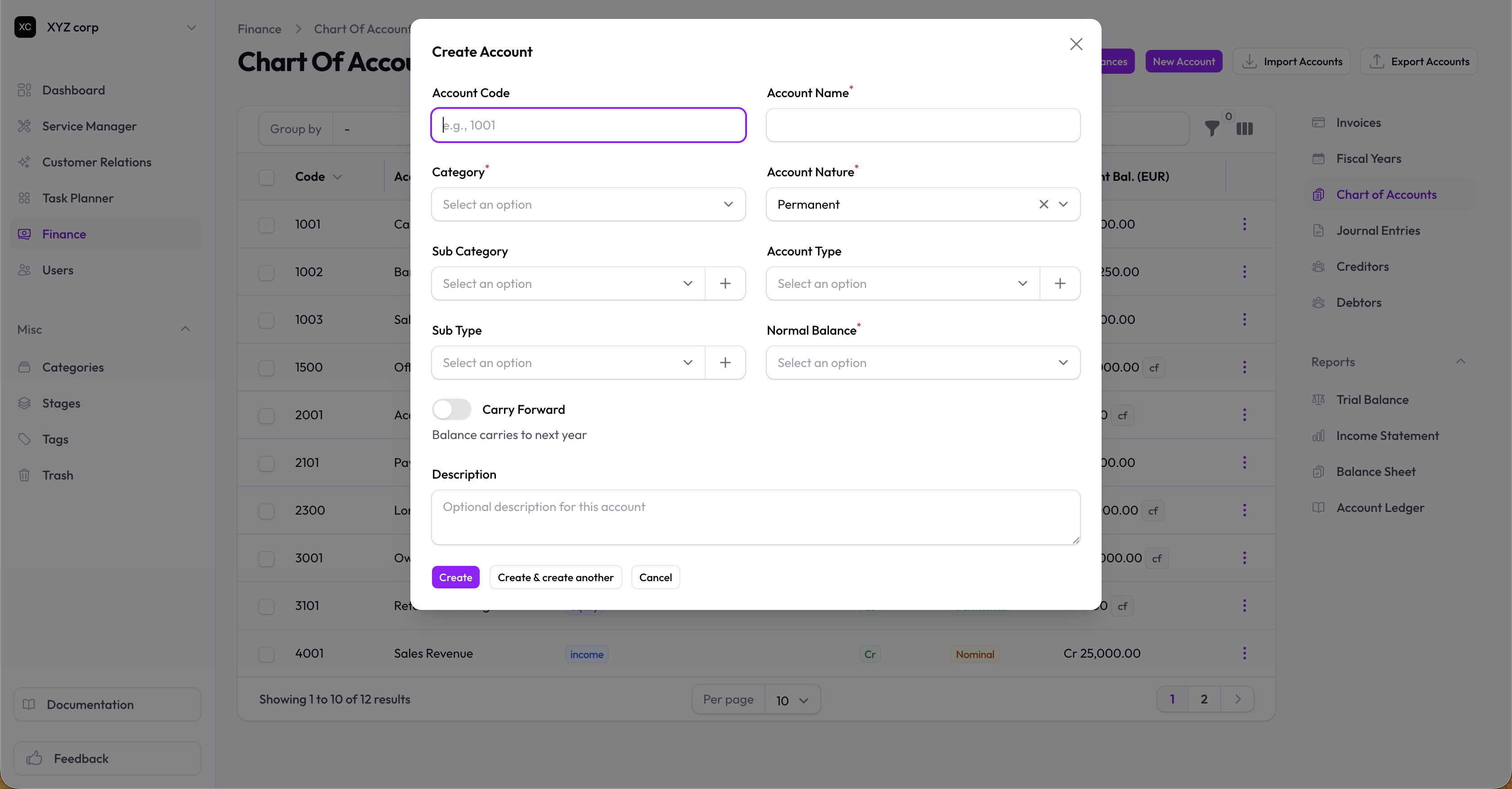 New financial account form with category, type, and special flags