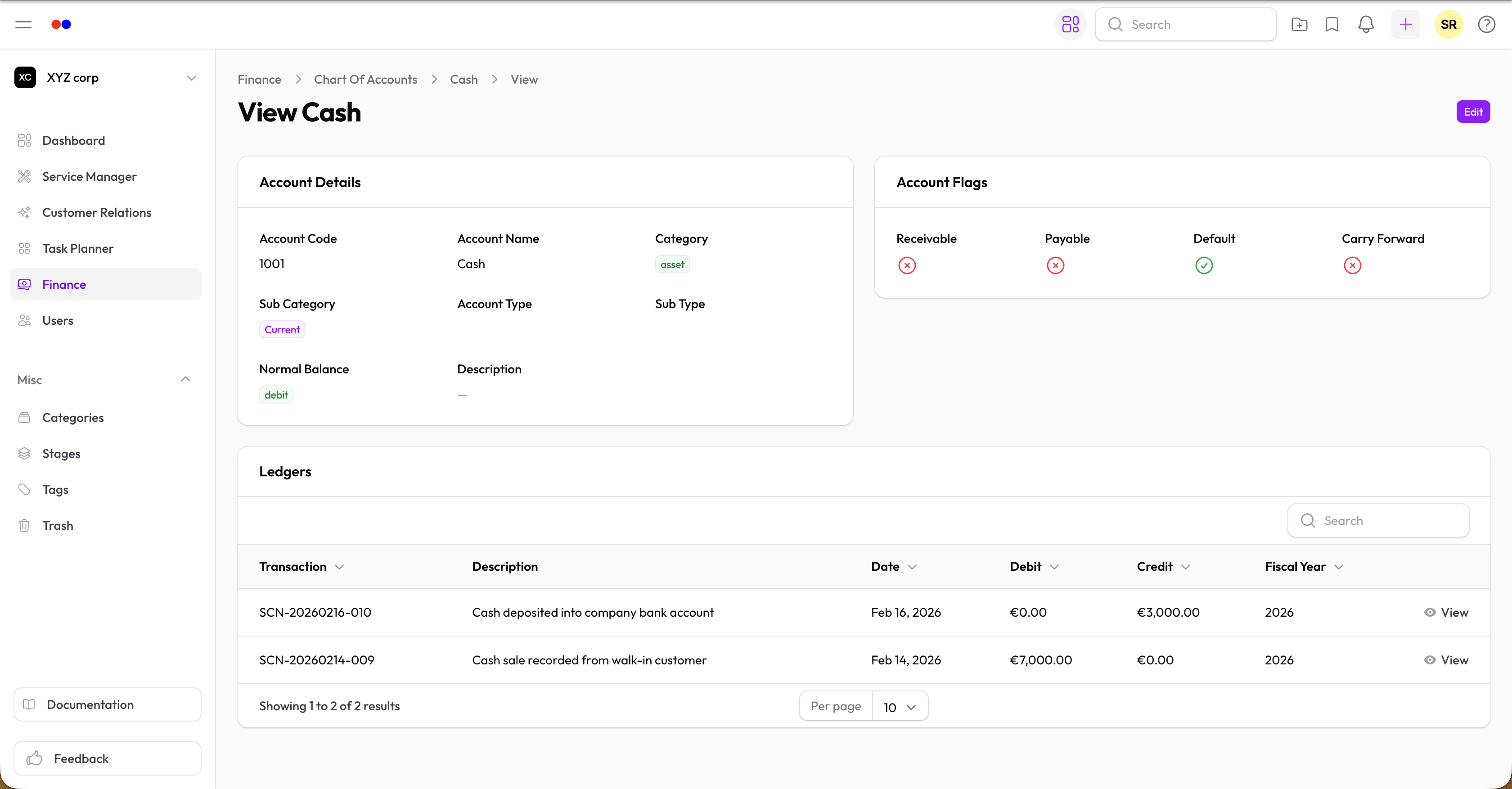 Account view with the Ledgers tab open