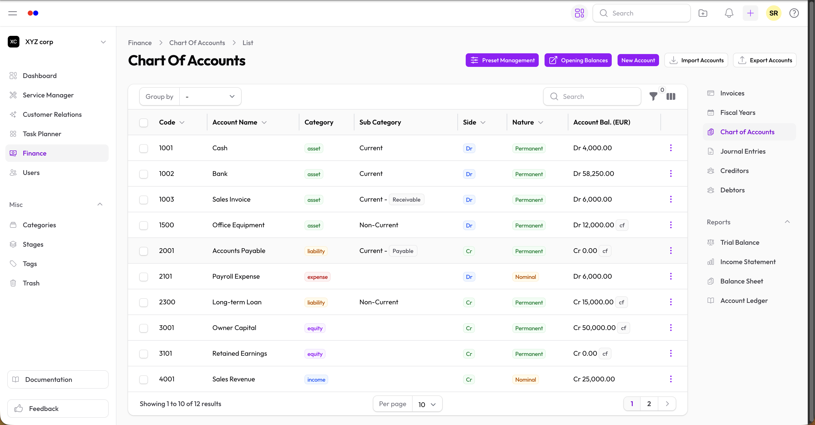 Chart of accounts table with account code, name, and category columns