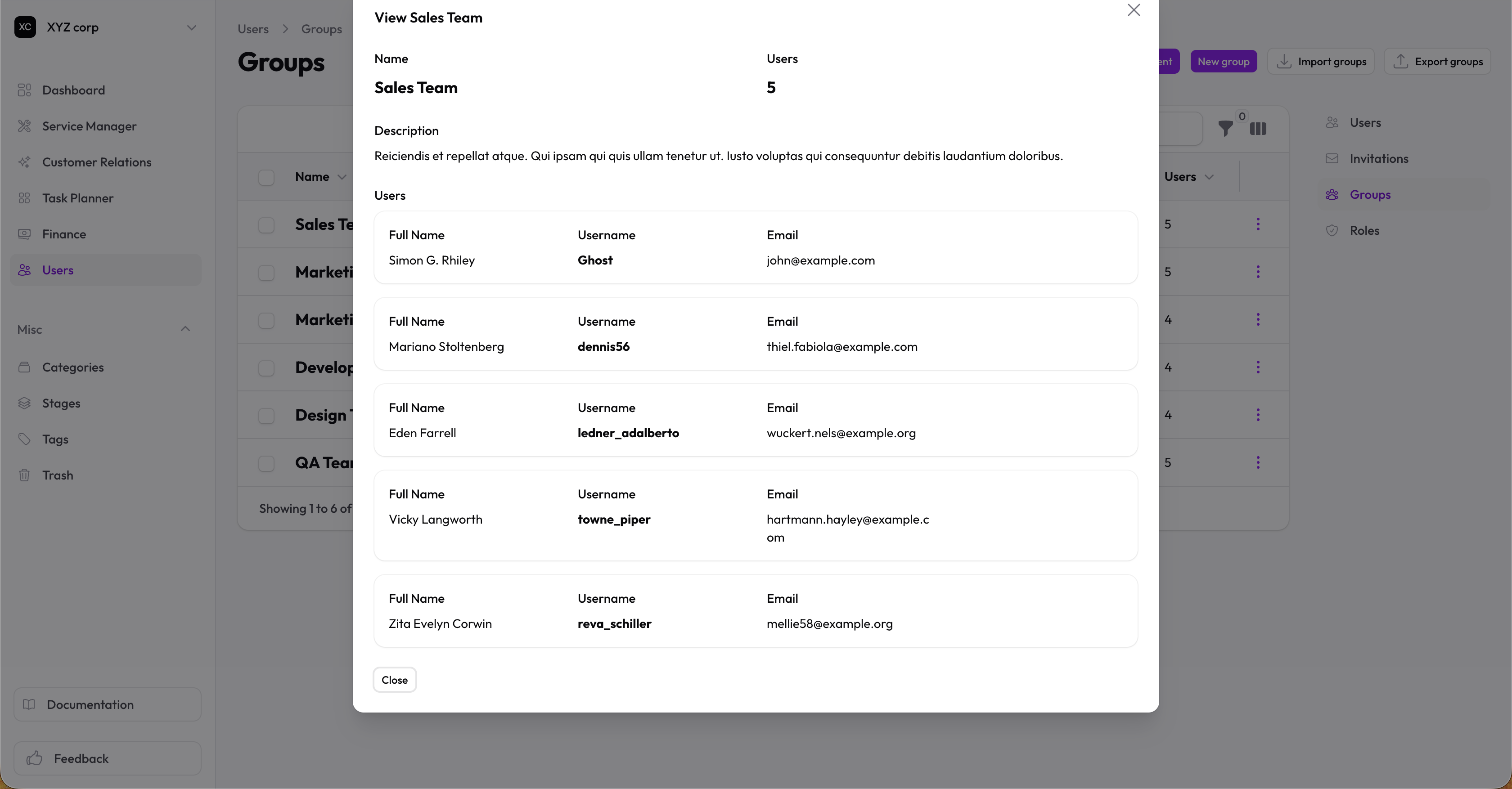 Group view showing member list