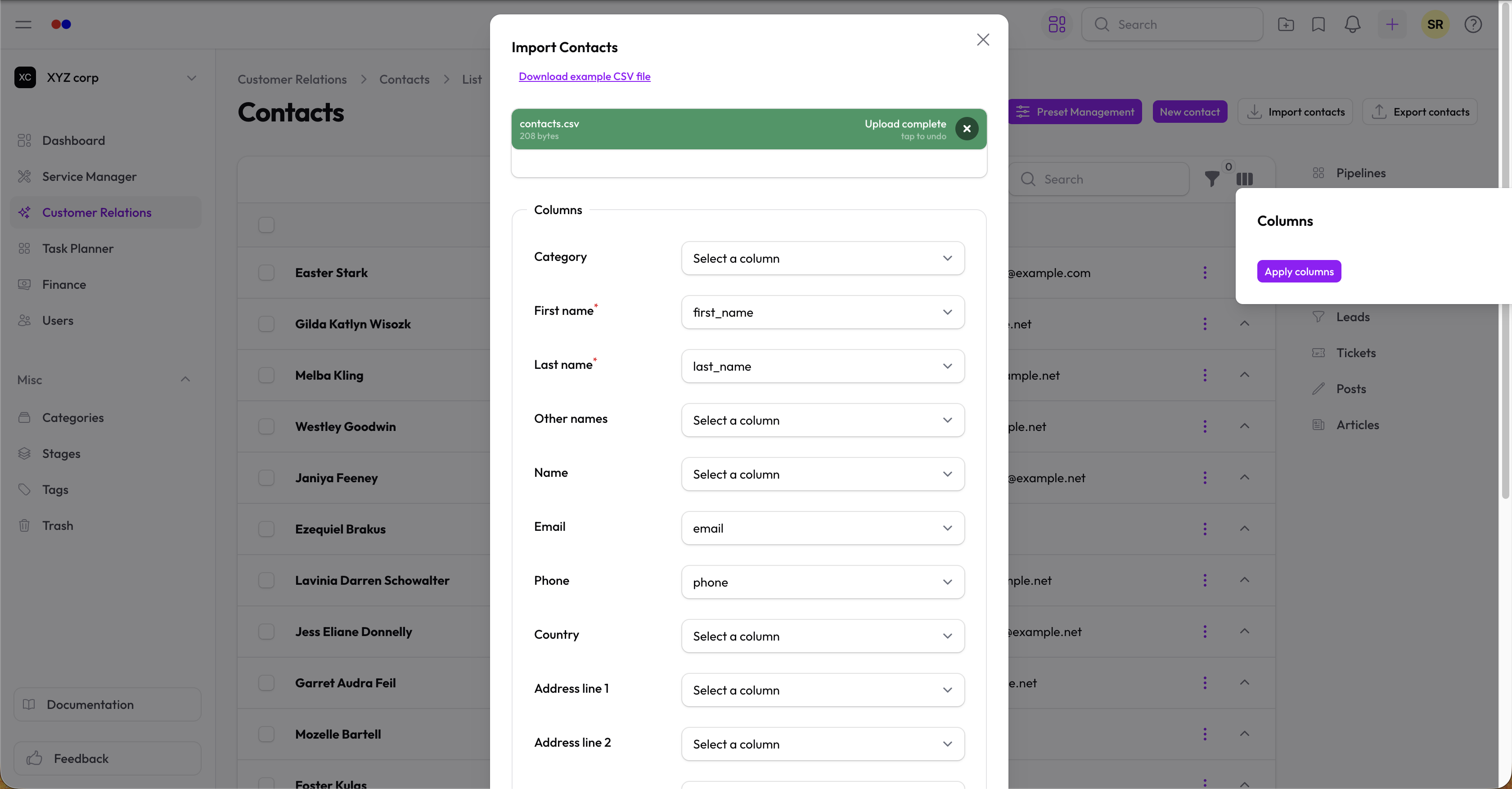 Import column mapping step