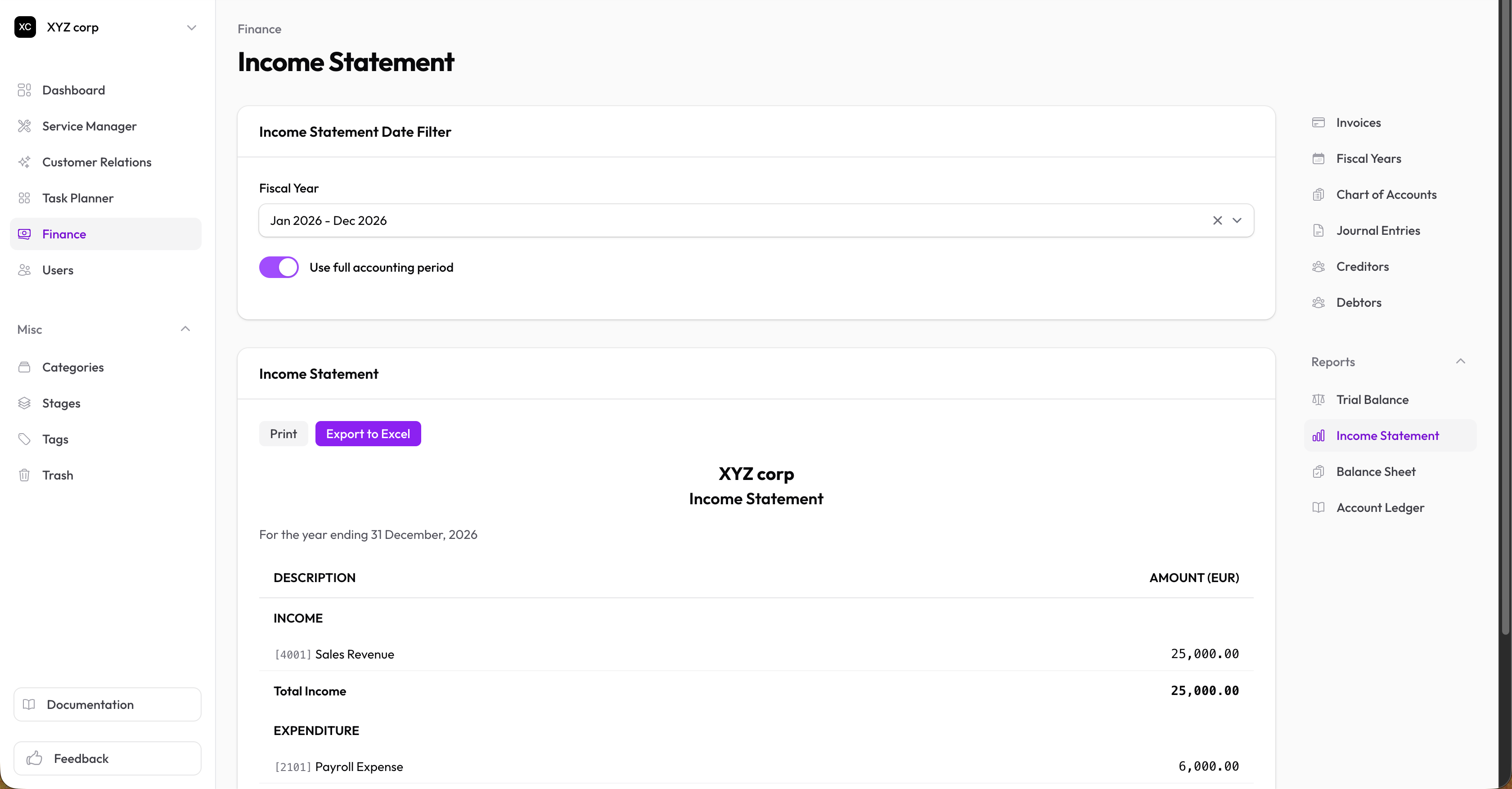 Income statement with income section, expenses section, and net surplus/deficit row