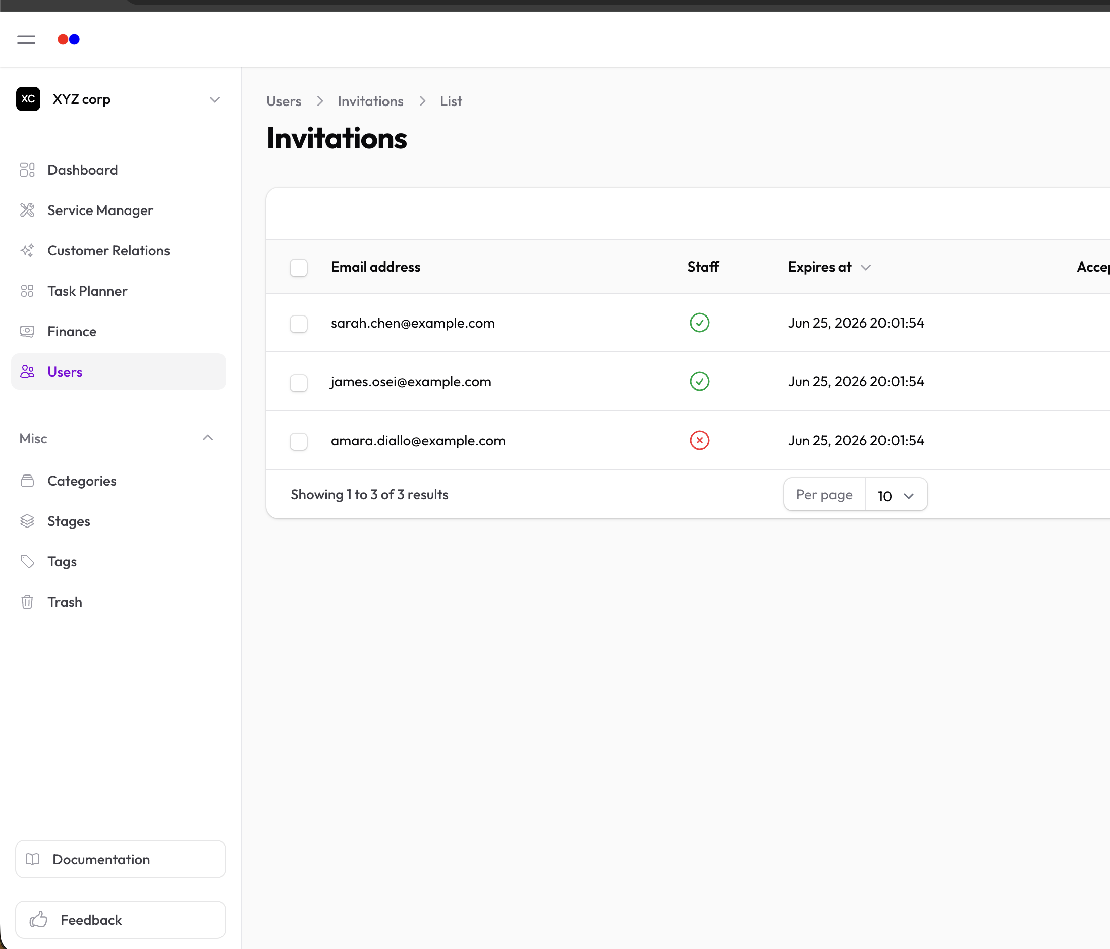 Invitations list with pending and accepted status
