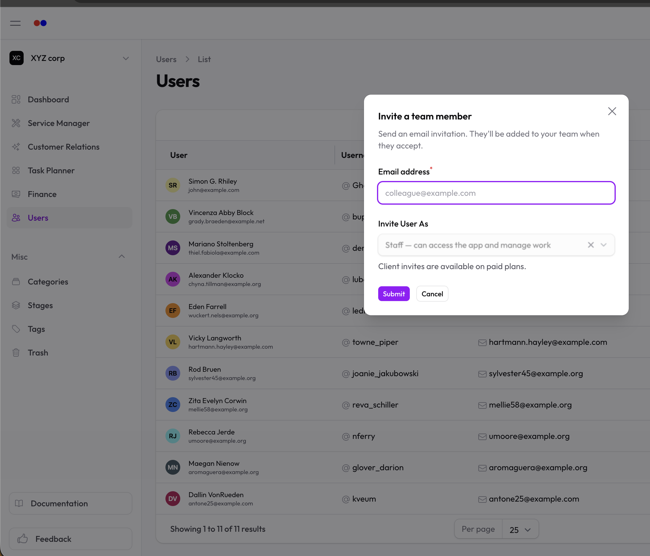 Invite user modal with email field, role select, and per-seat billing notice