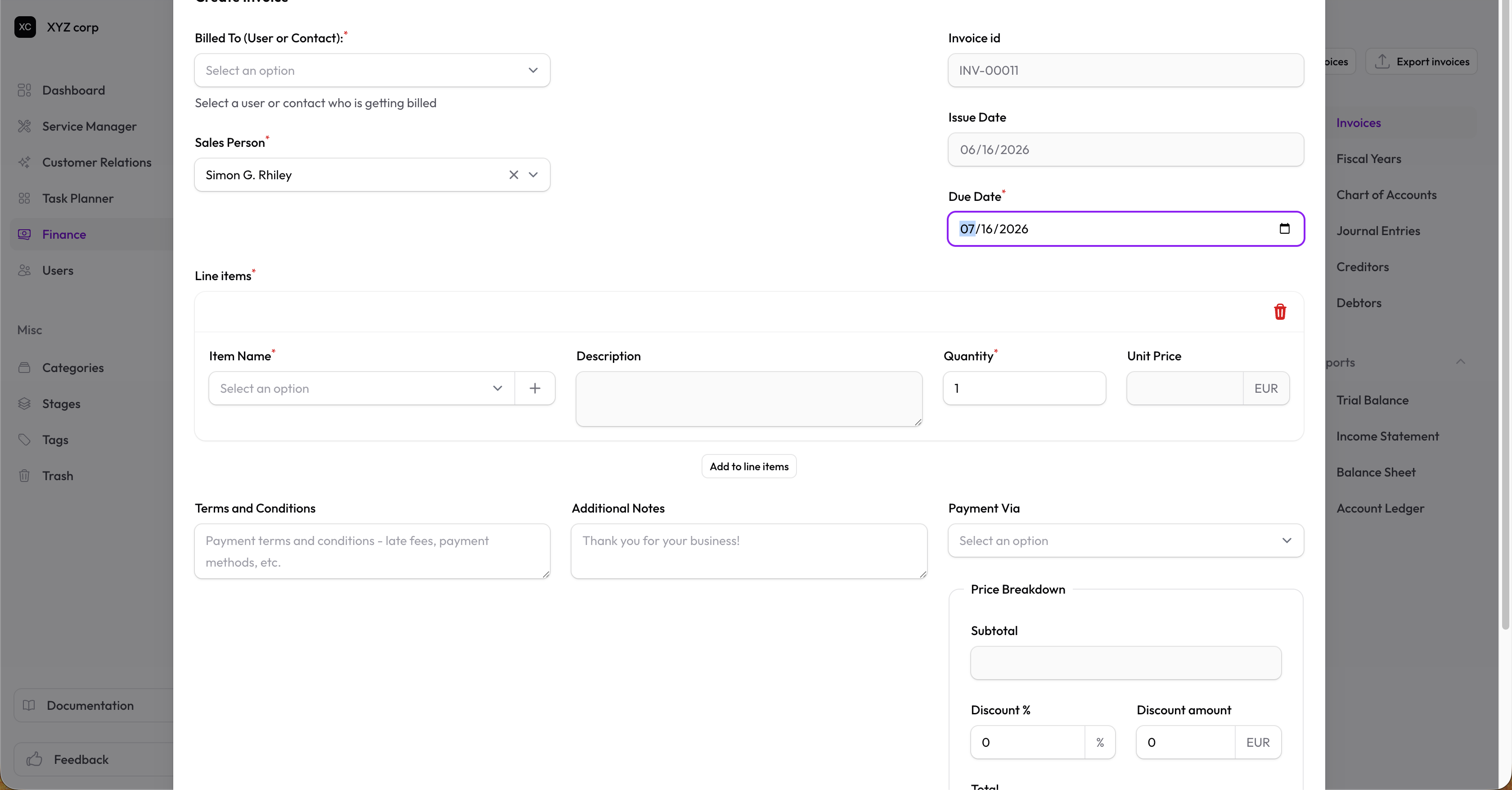 Invoice form with line items section showing subtotal