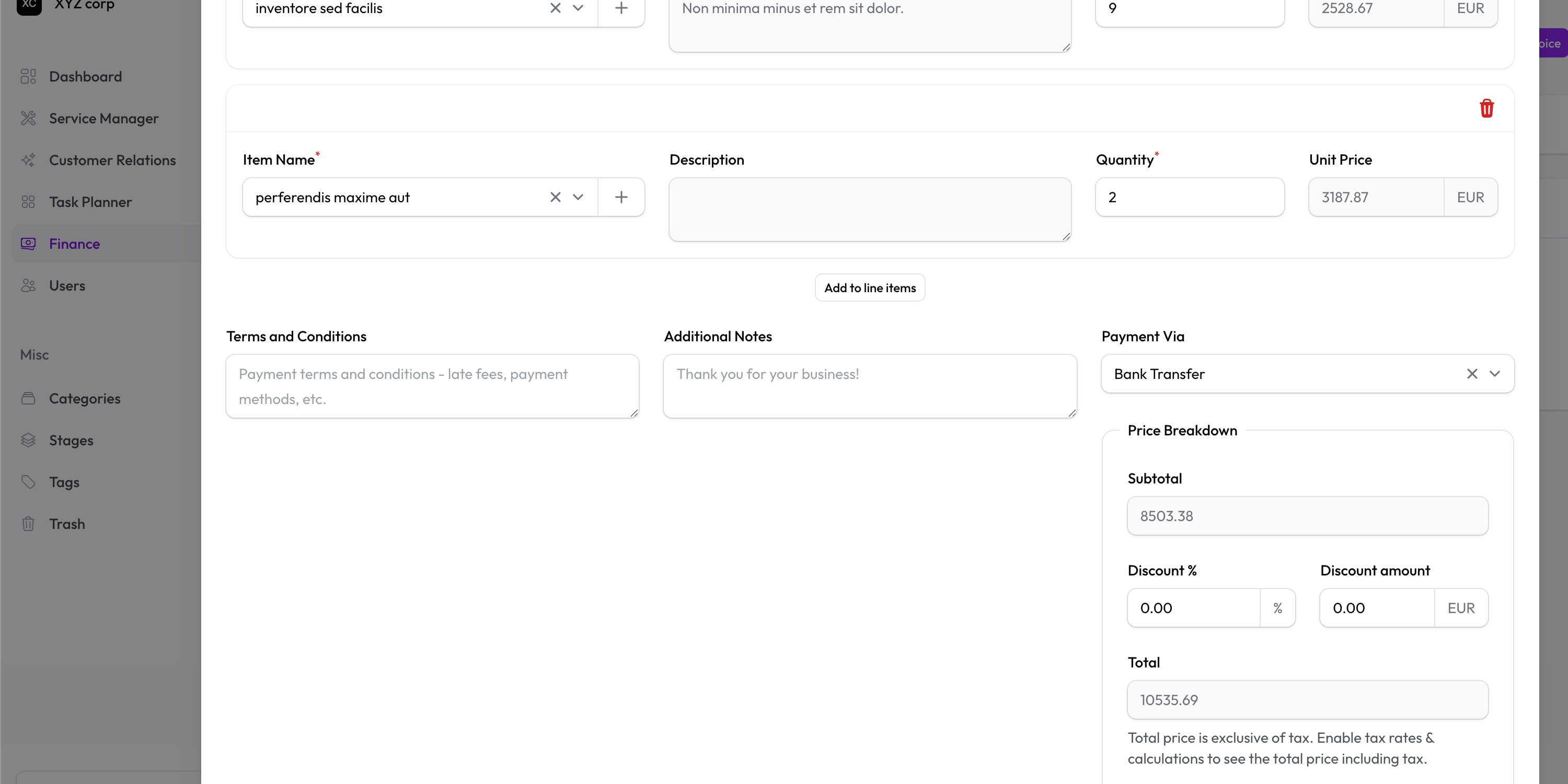 Invoice form totals breakdown with subtotal, levies, discount, tax, and total