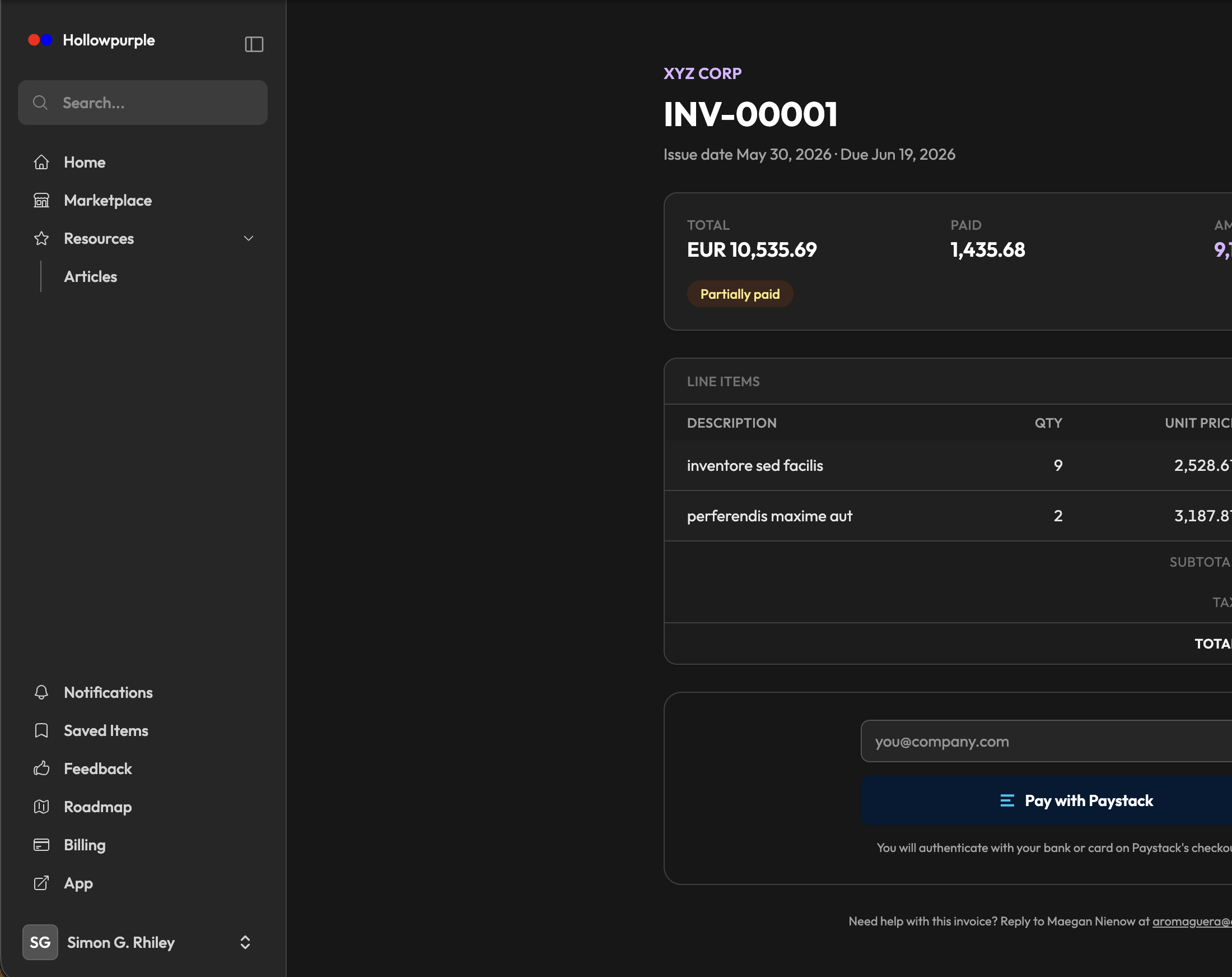 Invoice view with online payment section showing gateway options