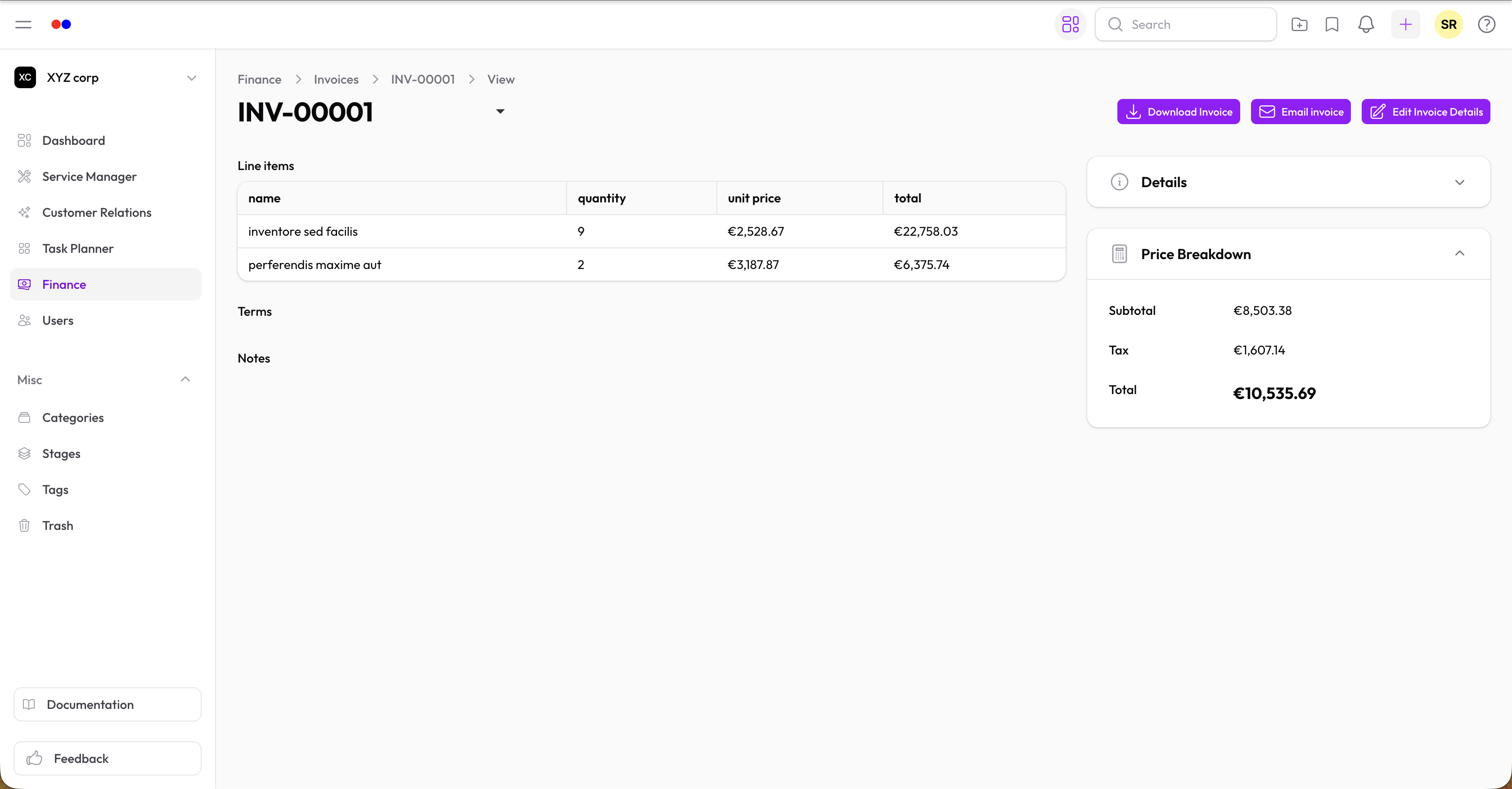 Invoice view/infolist formatted layout