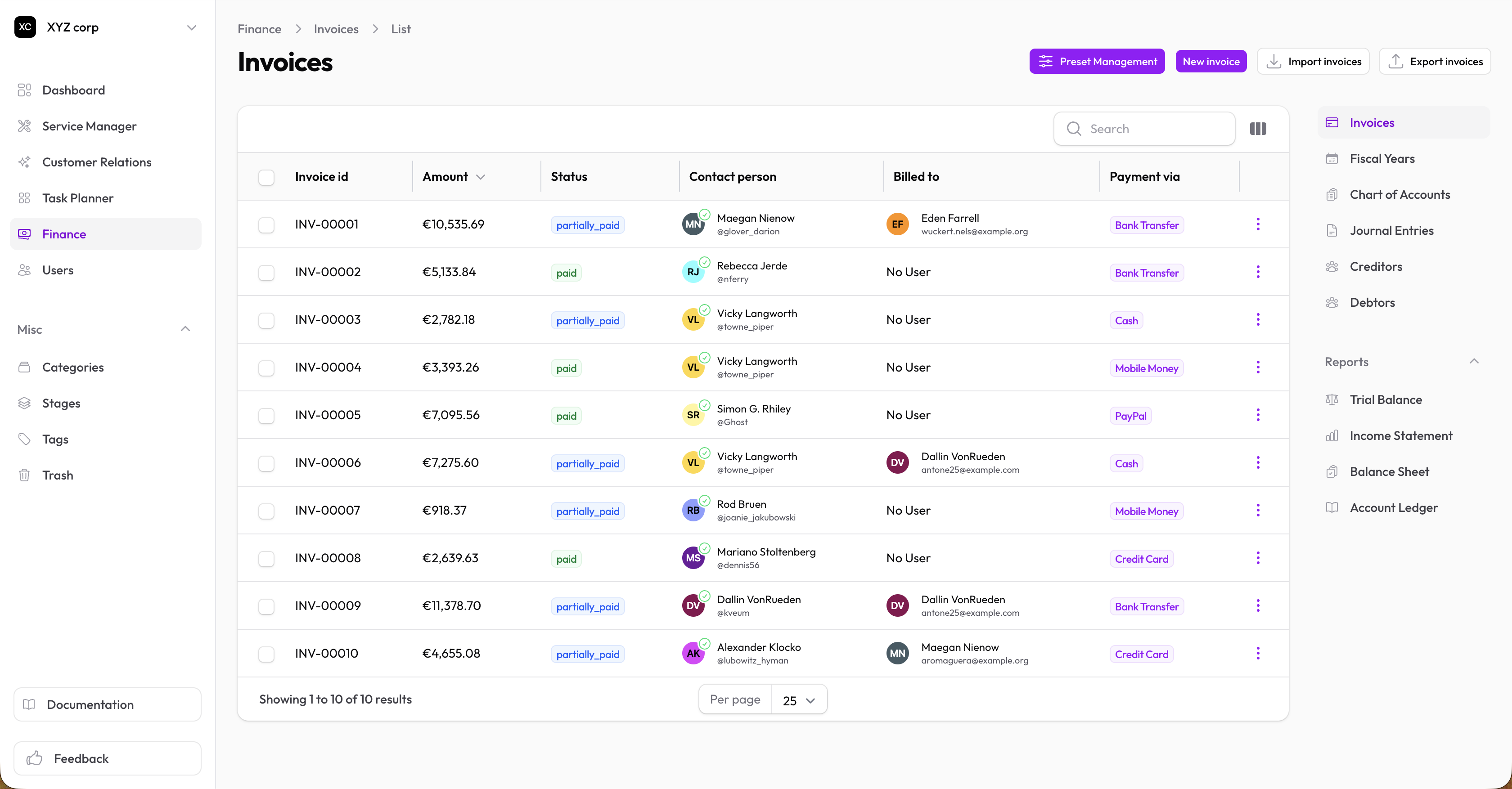 Invoices list with color-coded status badges