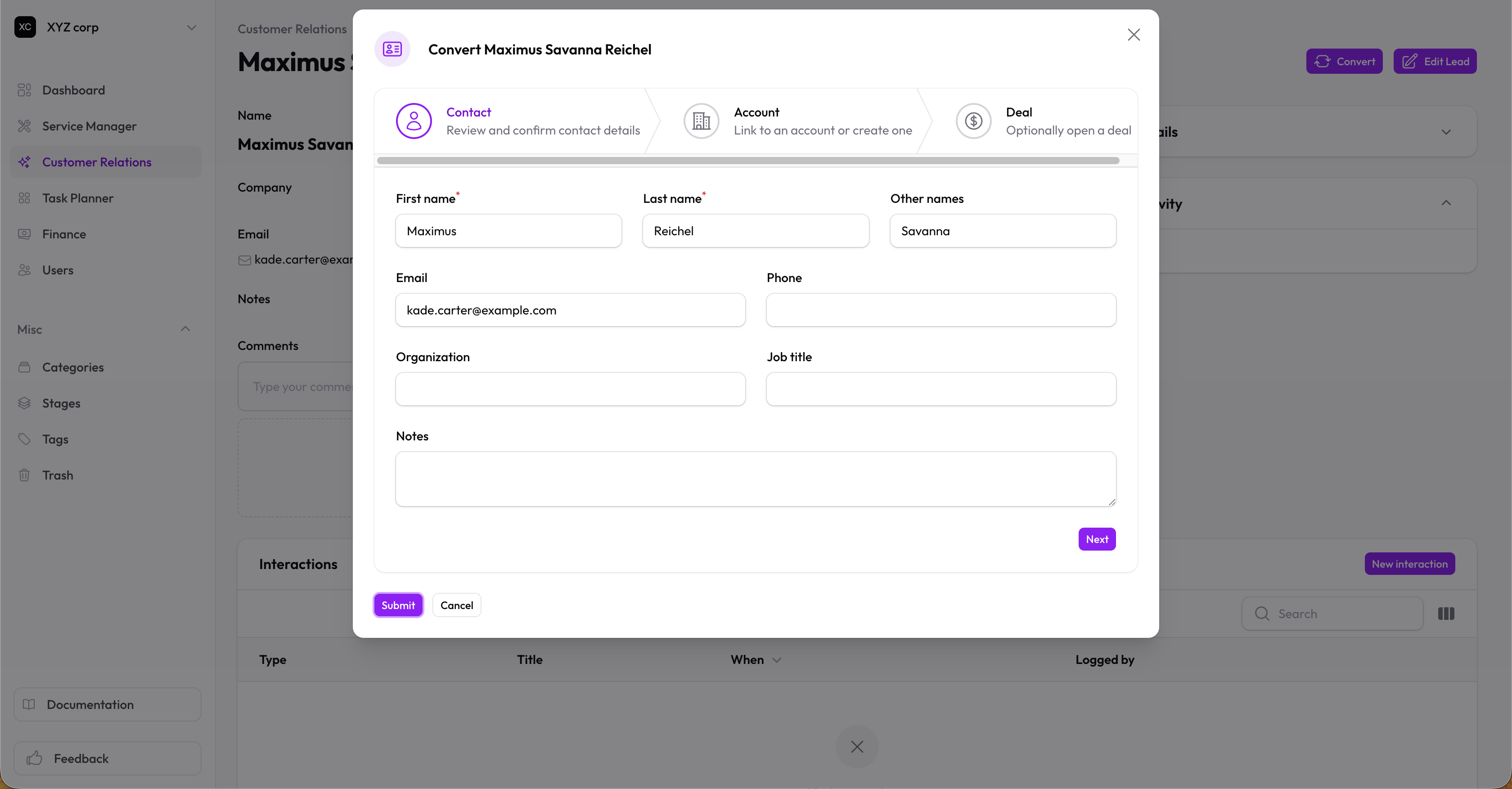 Convert wizard step 1 — contact fields pre-filled from lead