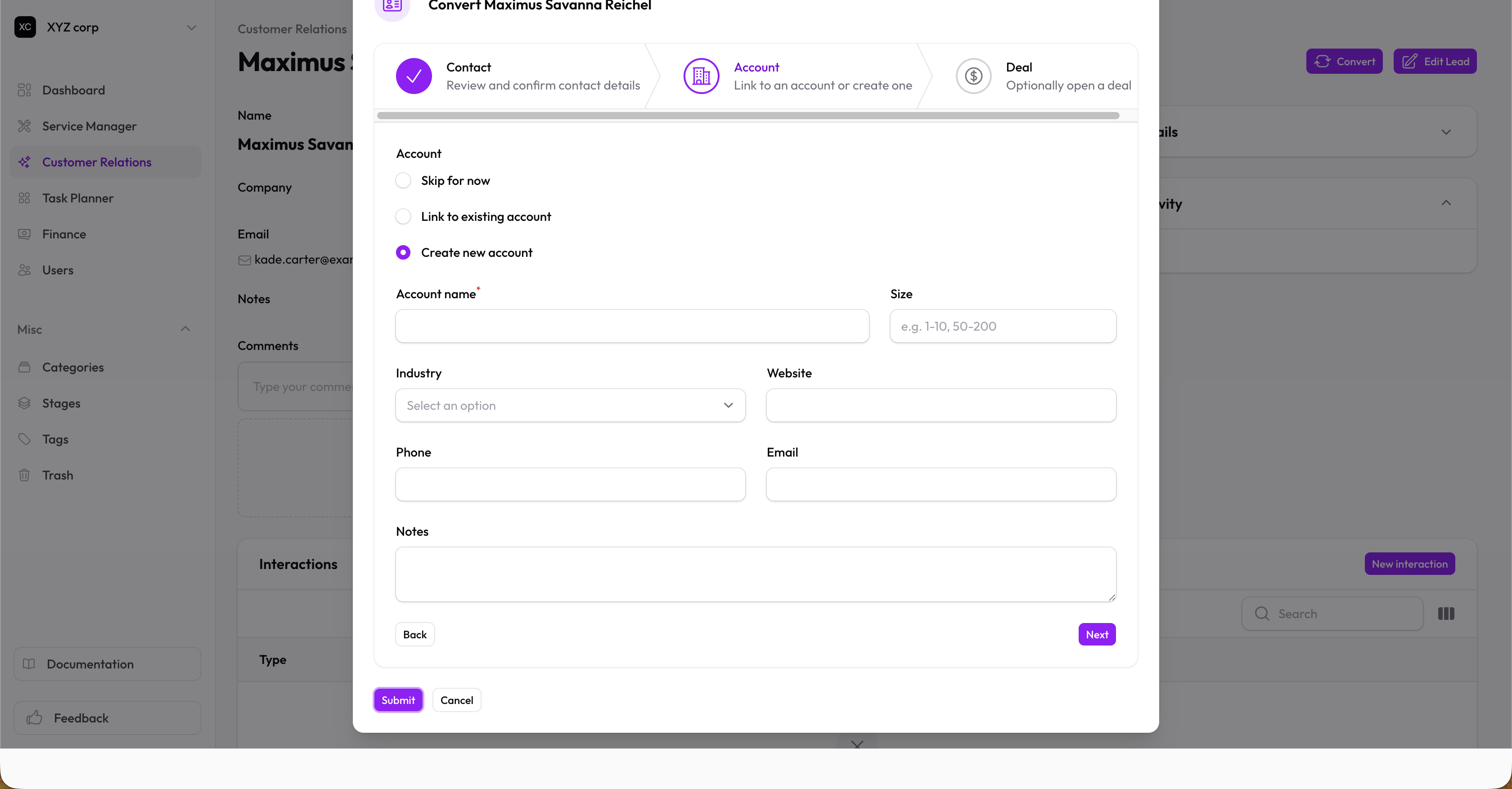 Convert wizard step 2 — create new account expanded with address fields
