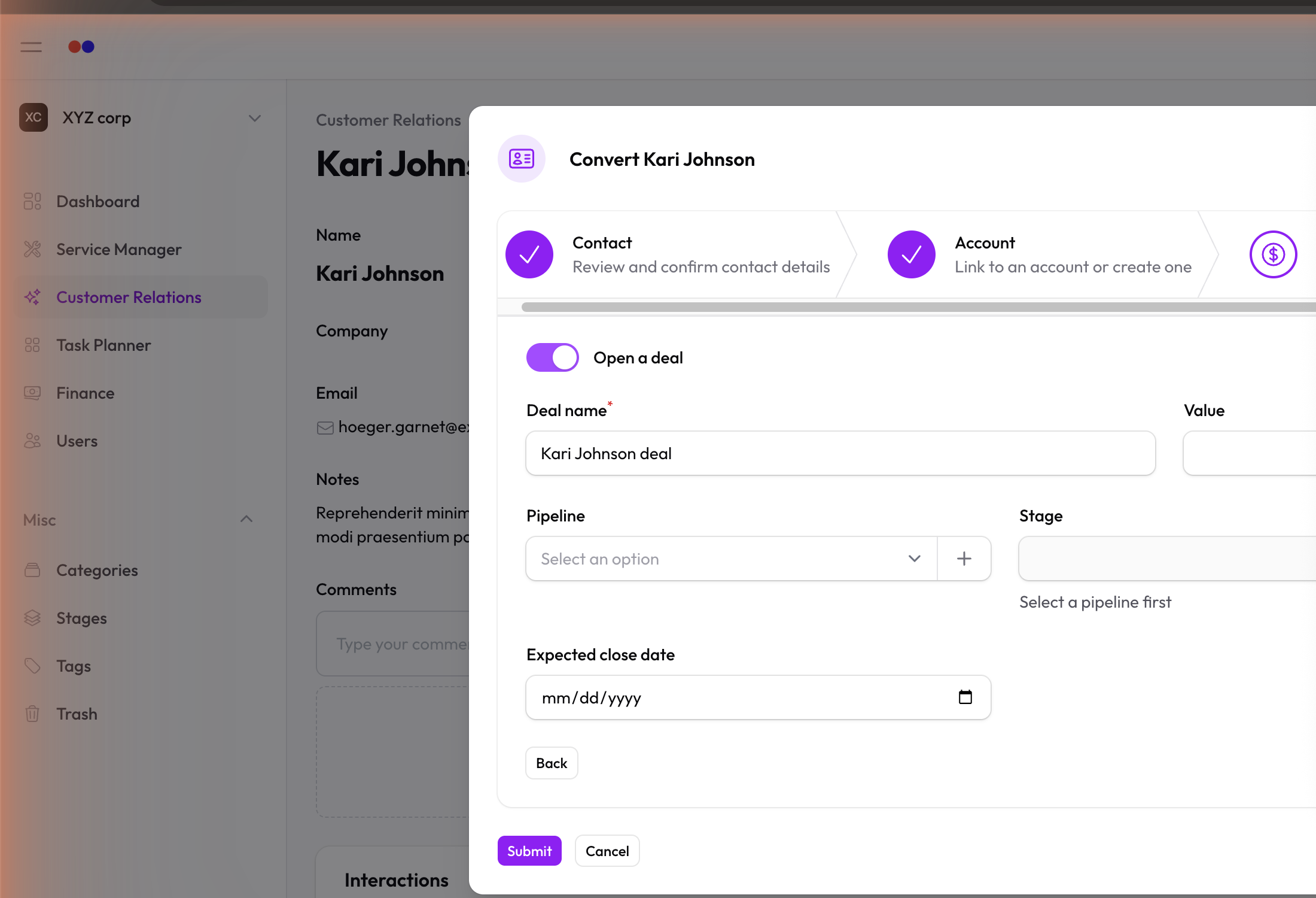 Convert wizard step 3 — create deal toggle on with pipeline and stage fields